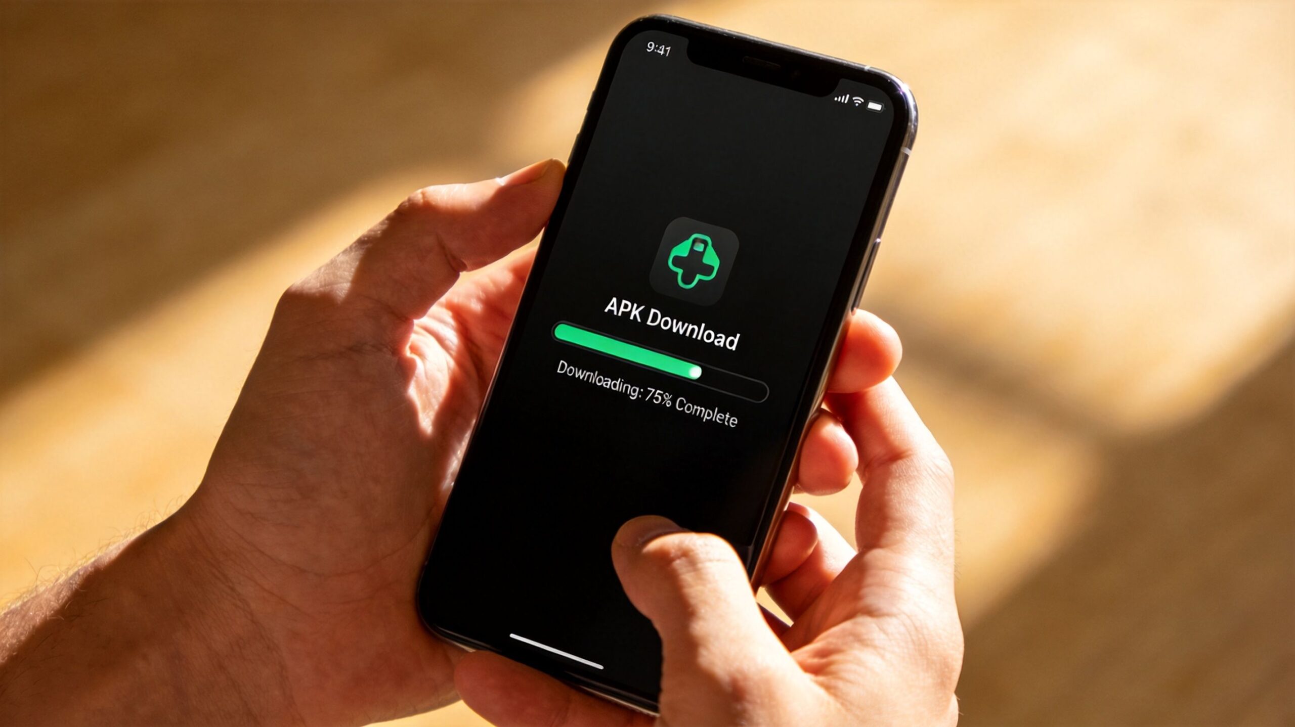 A person holding a smartphone showing an APK download progress bar at 75 percent complete.