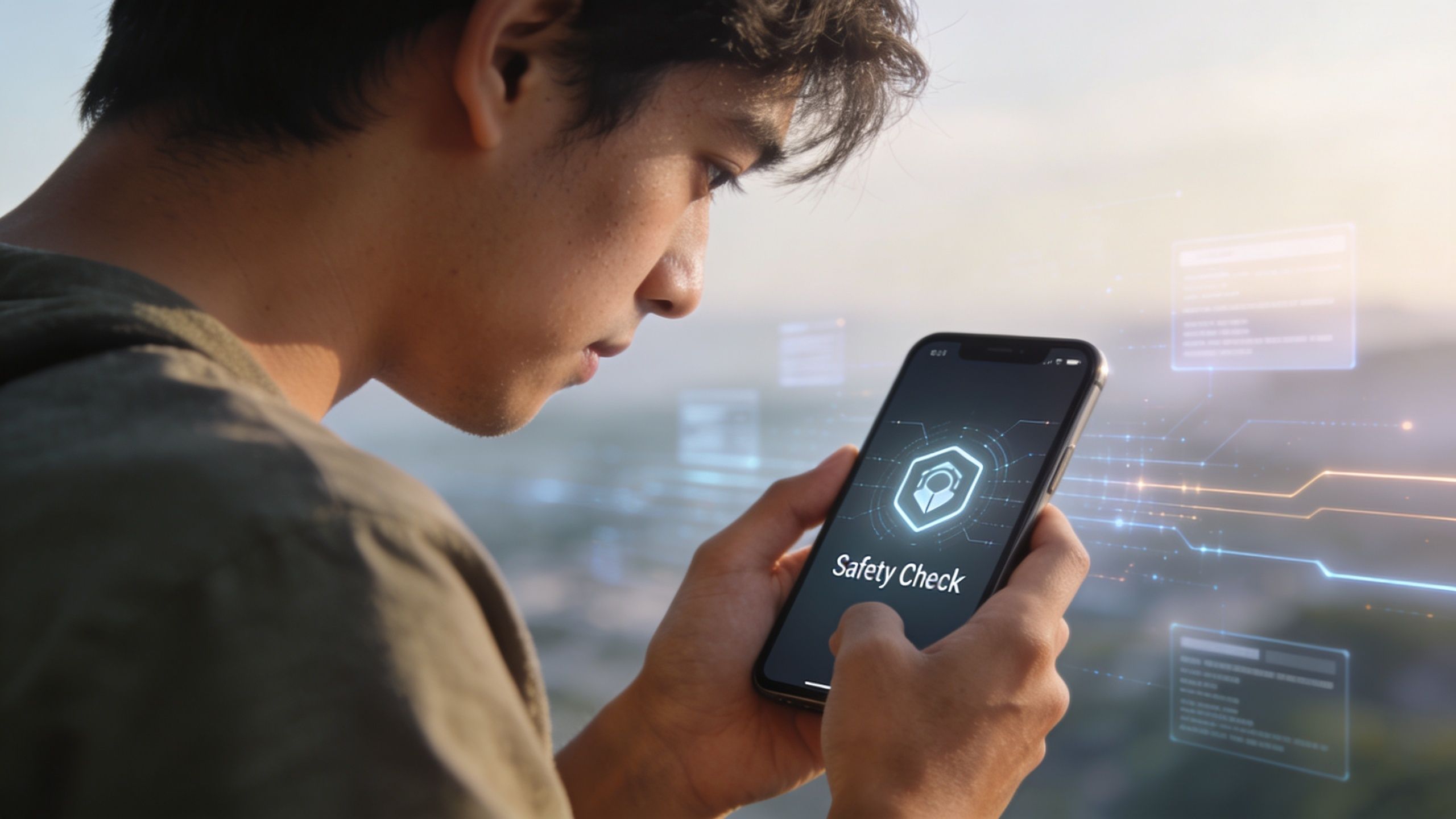 A young man looking at his smartphone displaying a digital safety check app interface with holographic elements.