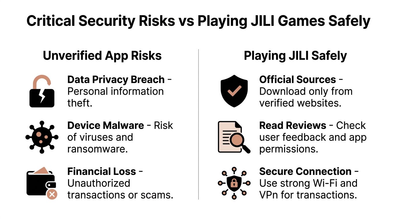 A comparison chart outlining potential security risks and safety tips for using the 90 JILI gaming app.