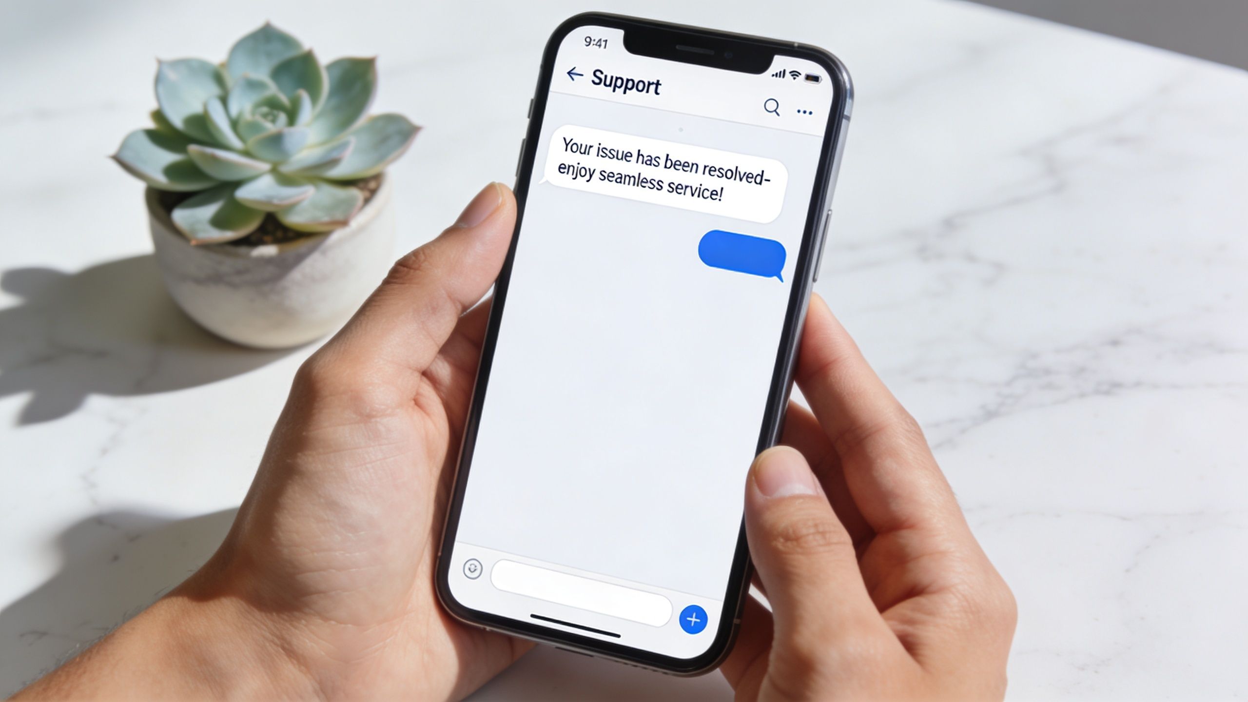 A person holding a smartphone showing a customer support chat message that their issue is resolved.