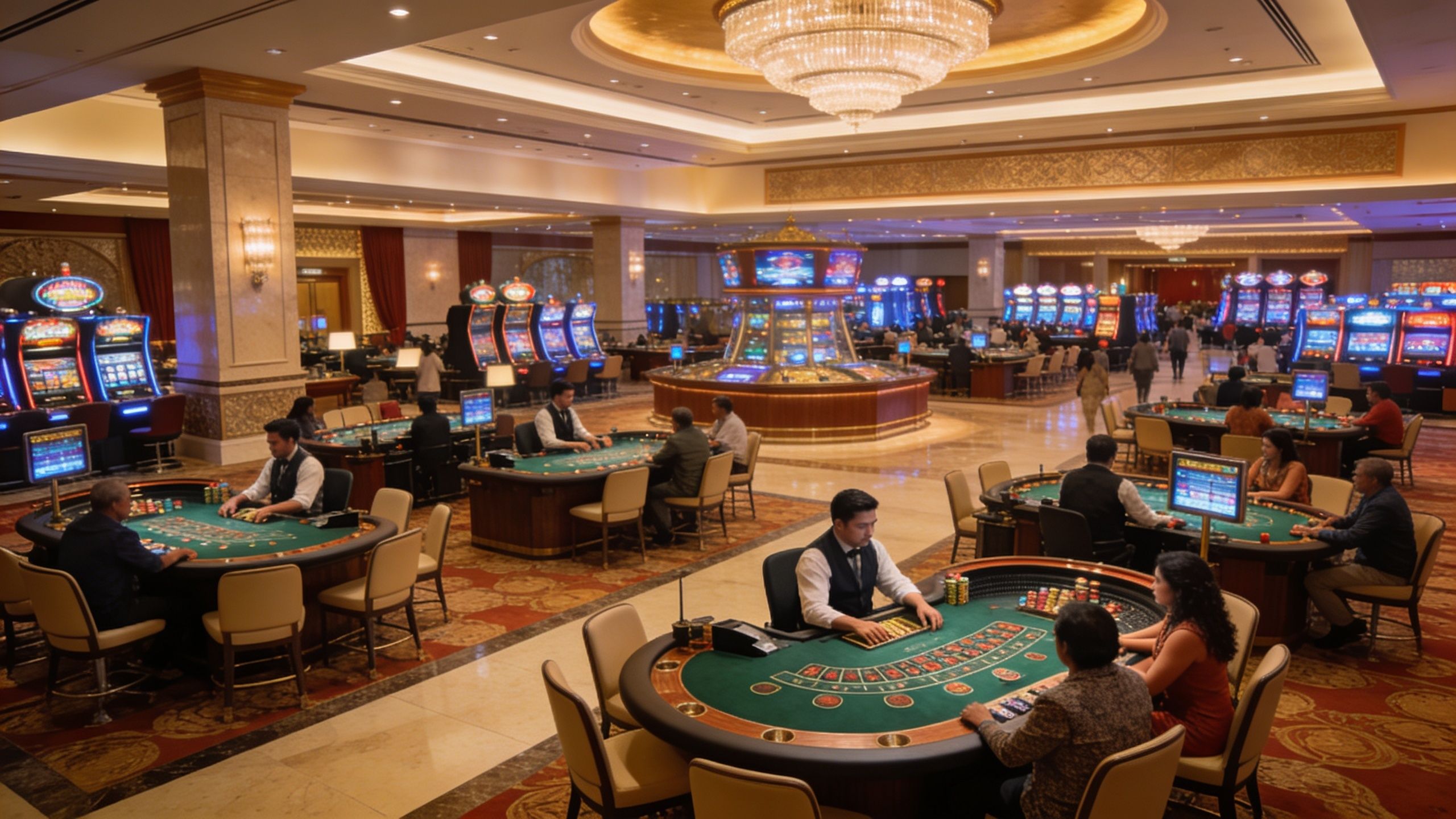 An elegant, brightly lit casino floor featuring multiple gaming tables and numerous slot machines with patrons and dealers.