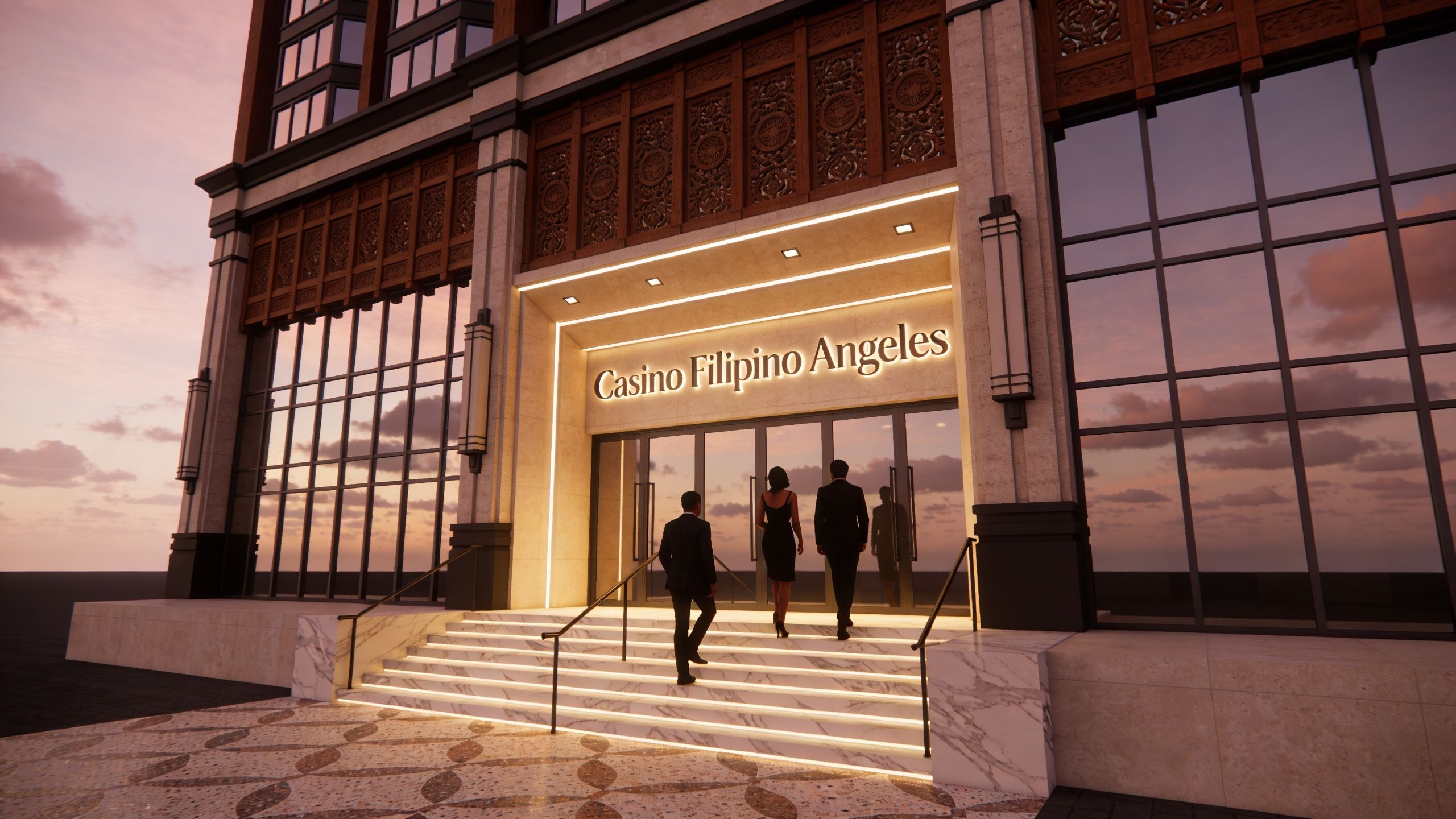 A sophisticated group of people walking up the marble steps to enter Casino Filipino Angeles at sunset.