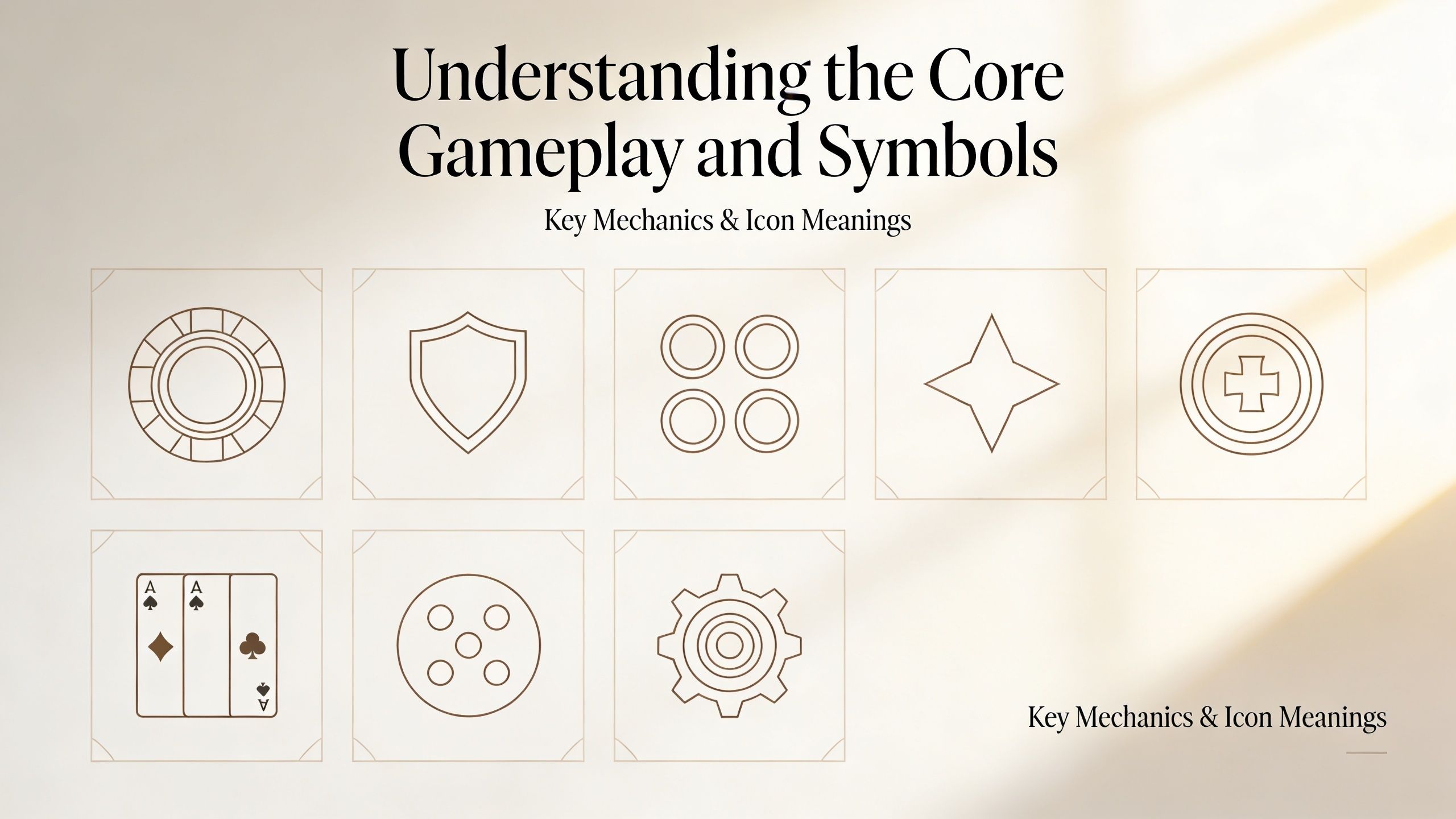 A graphic design showing game mechanics and icons including poker chips, shields, cards, and gear symbols.