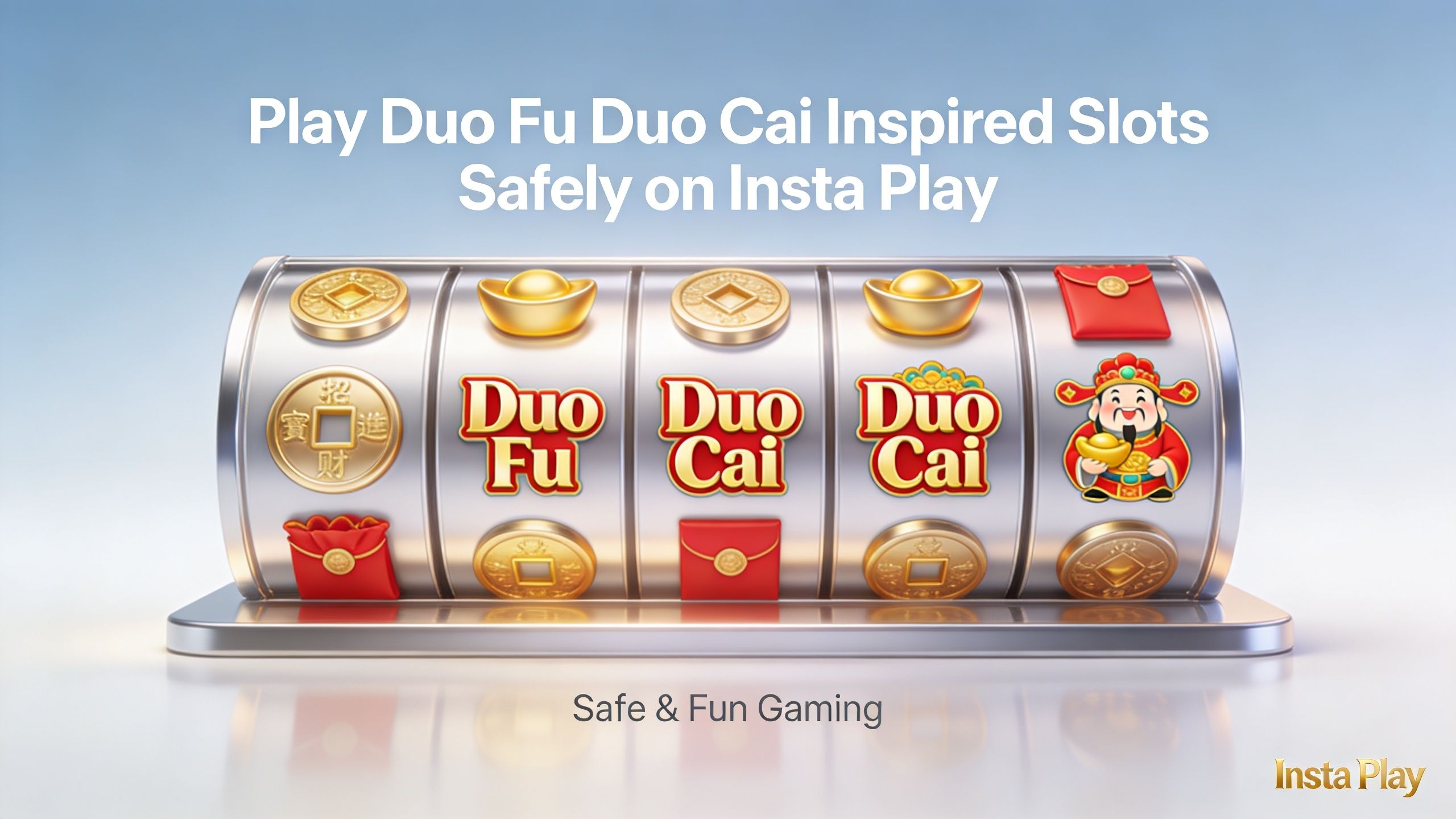 A digital illustration of a slot machine reel showing Duo Fu Duo Cai themed symbols and imagery.