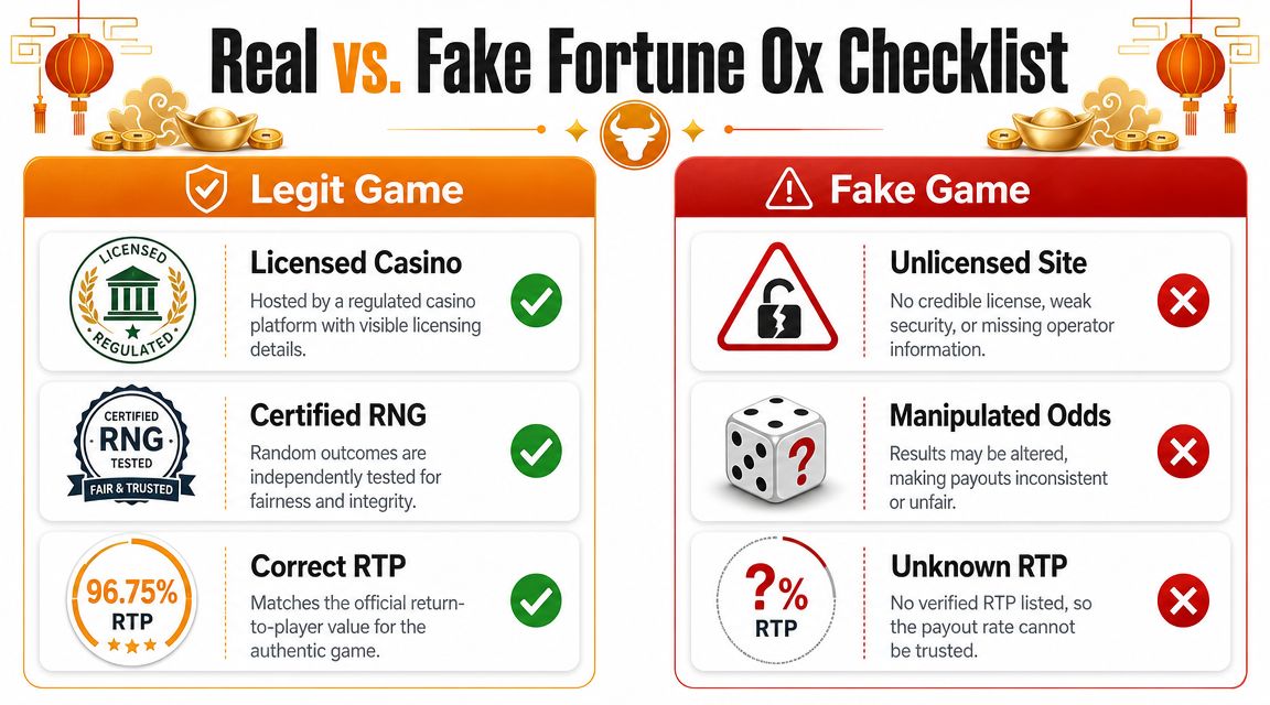 A comparison infographic showing how to identify legitimate versus fake Fortune Ox online casino slot games.