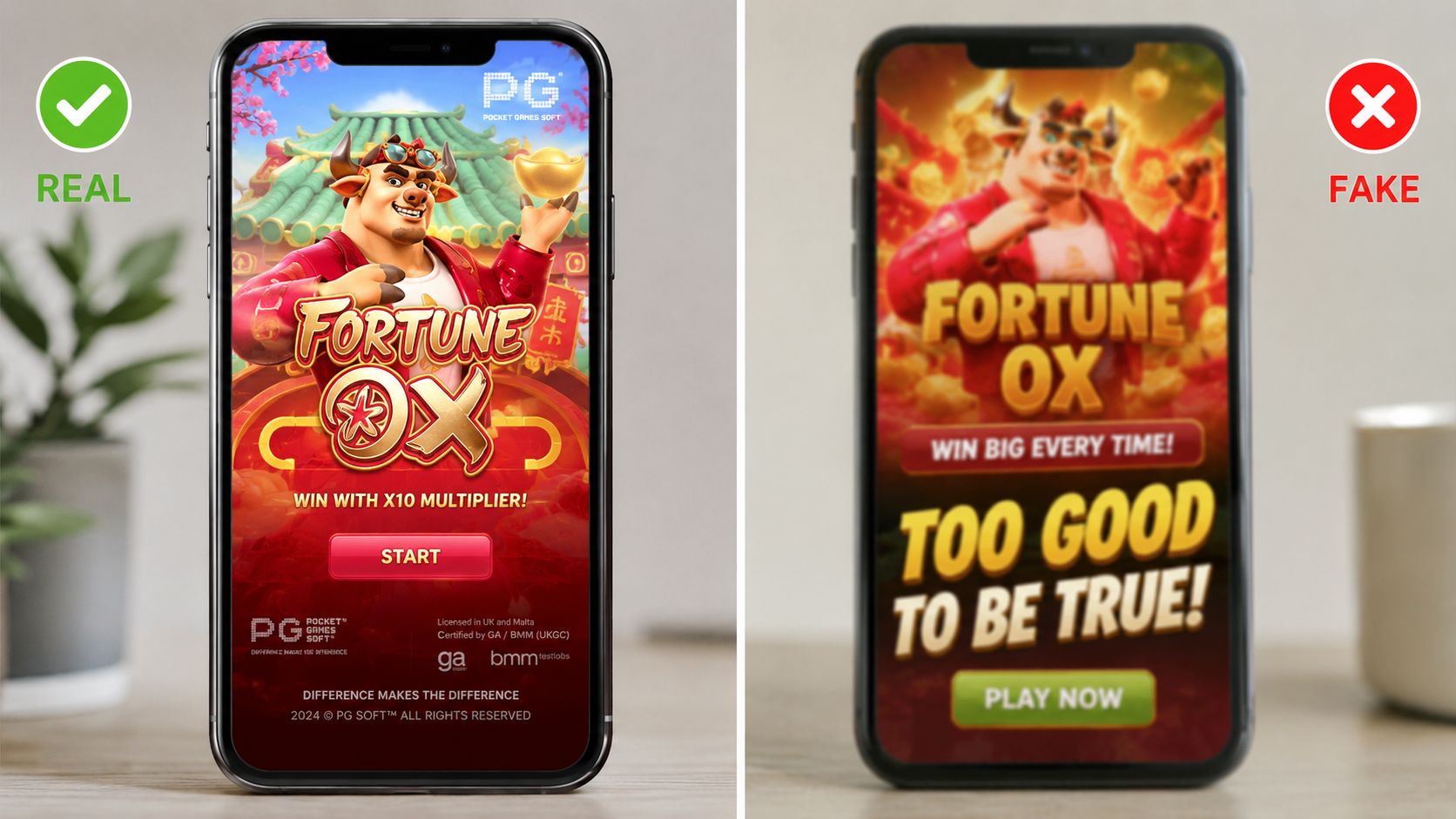 A split screen comparing a legitimate Fortune Ox gaming app to a fake deceptive advertisement.