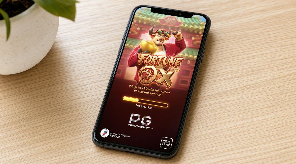 A smartphone on a wooden desk displaying the loading screen of the Fortune Ox mobile slot game.