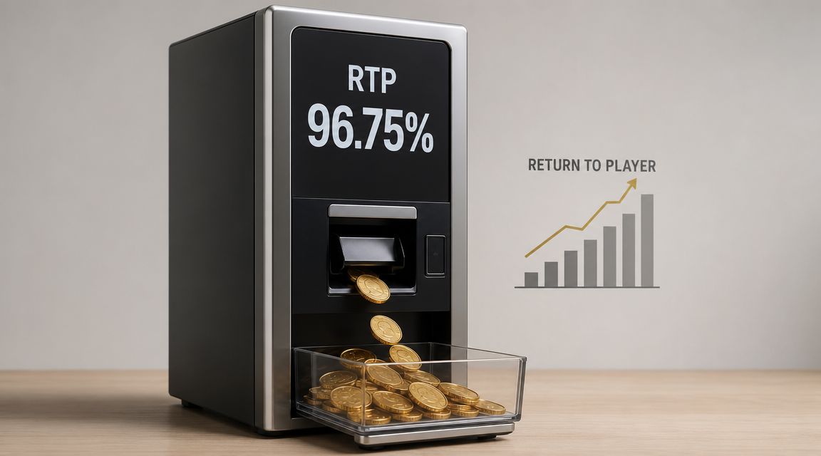 A modern device displaying a 96.75% RTP percentage with gold coins accumulating in a clear tray.