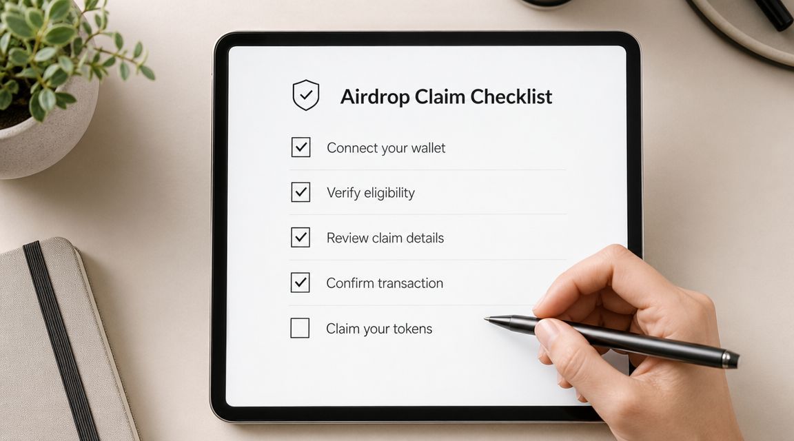 A tablet screen showing an Airdrop Claim Checklist with four steps completed and one remaining.