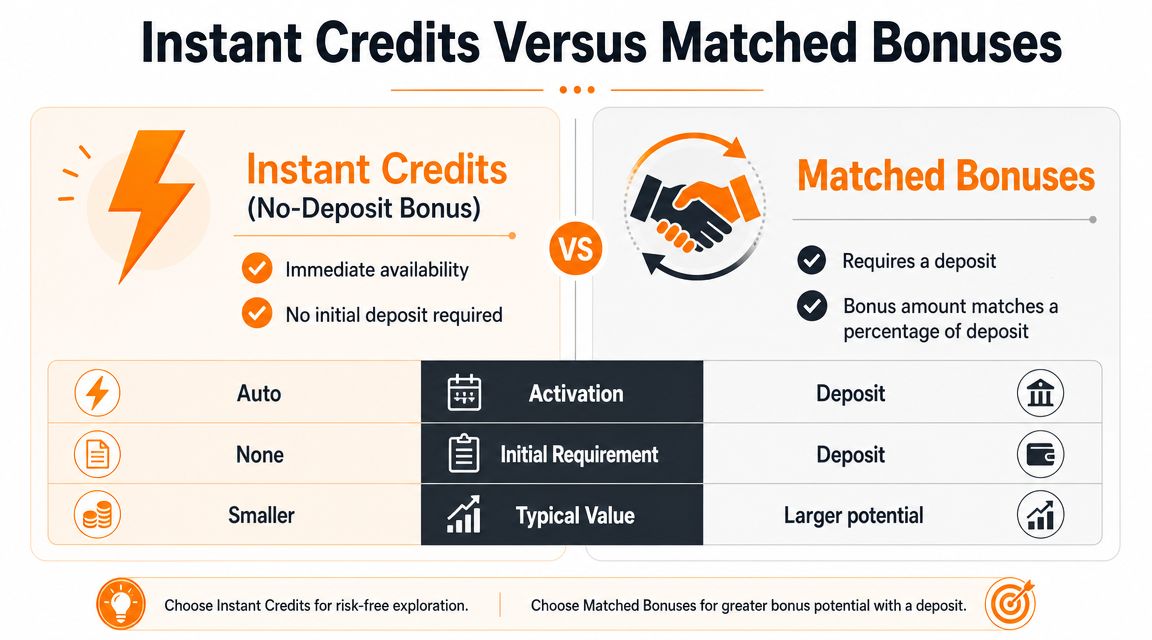 A comparison chart showing the differences between instant no-deposit credits and matched deposit casino bonuses.