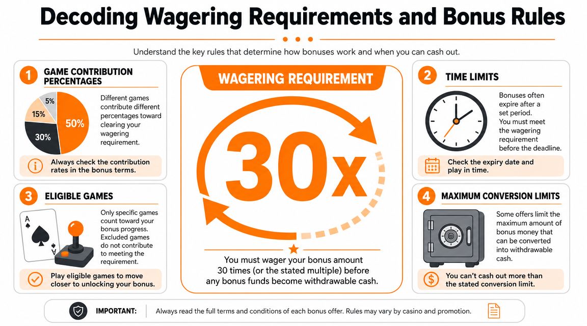 An infographic titled Decoding Wagering Requirements explaining the four key rules for casino bonus redemption.