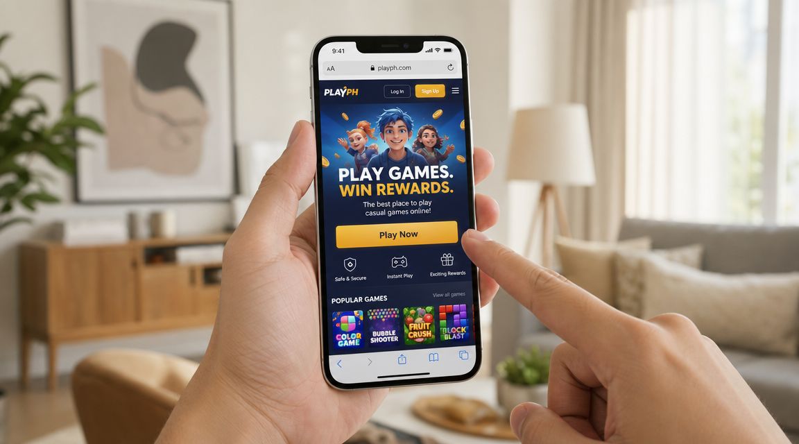 A person holding a smartphone showing the PlayPH gaming website with popular casual games on display.