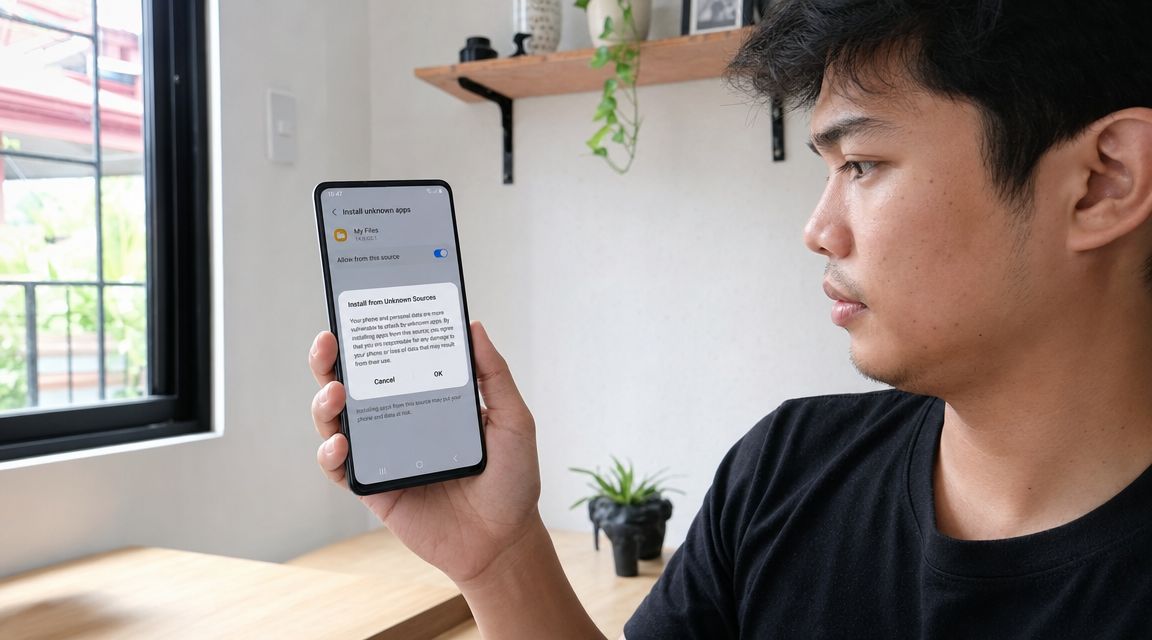 A man looking at an Android phone screen showing a security warning for installing unknown apps.