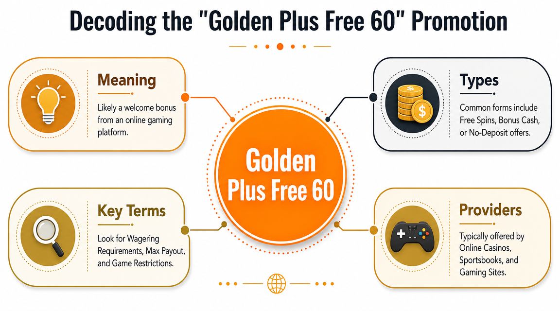 An infographic titled Decoding the Golden Plus Free 60 Promotion explaining bonus meanings, types, terms, and providers.