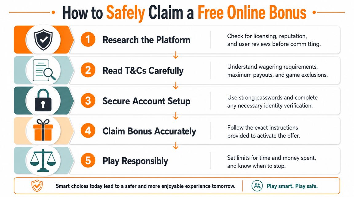 A step-by-step infographic titled How to Safely Claim a Free Online Bonus with five numbered safety tips.