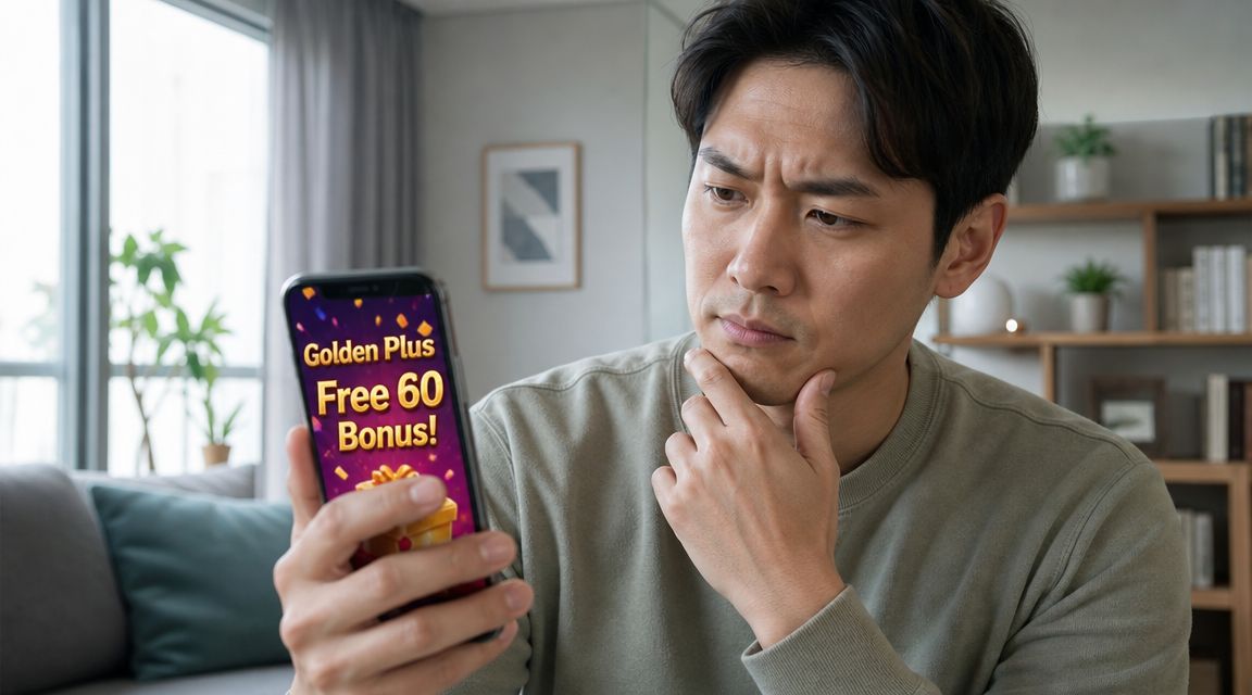 A concerned young Asian man holding a smartphone displaying a Golden Plus Free 60 Bonus promotional notification.