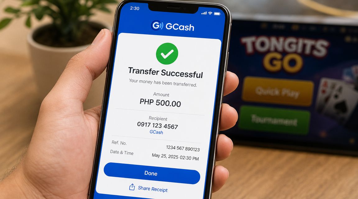 A hand holding a smartphone showing a successful GCash money transfer transaction receipt on screen.