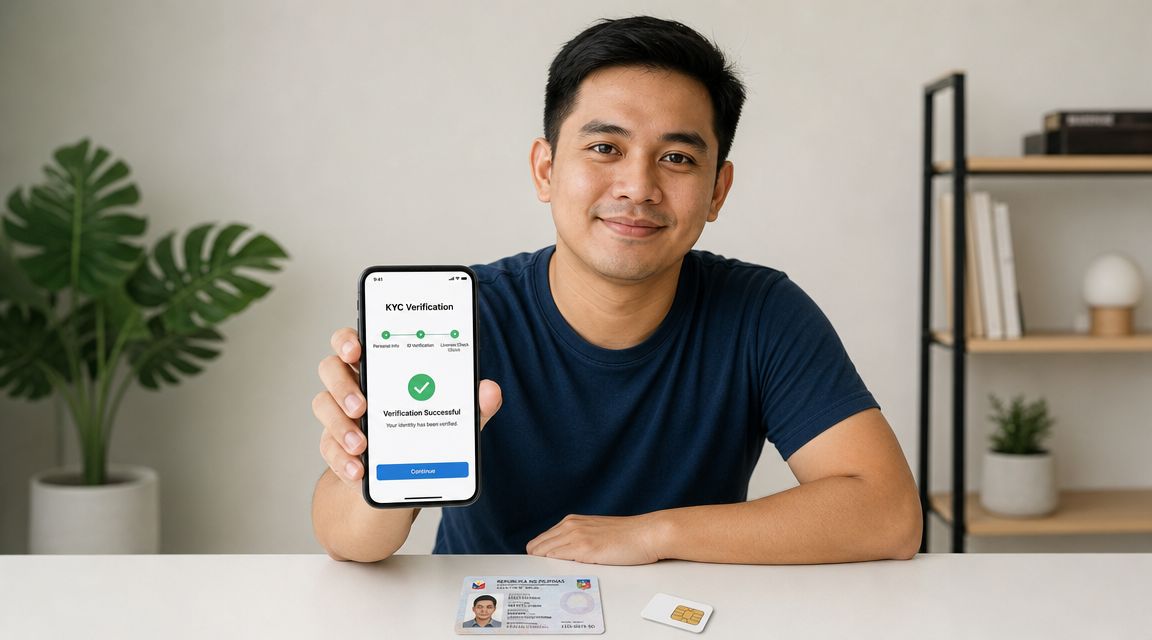 A man smiling while holding a smartphone showing successful KYC identity verification next to his ID and SIM card.
