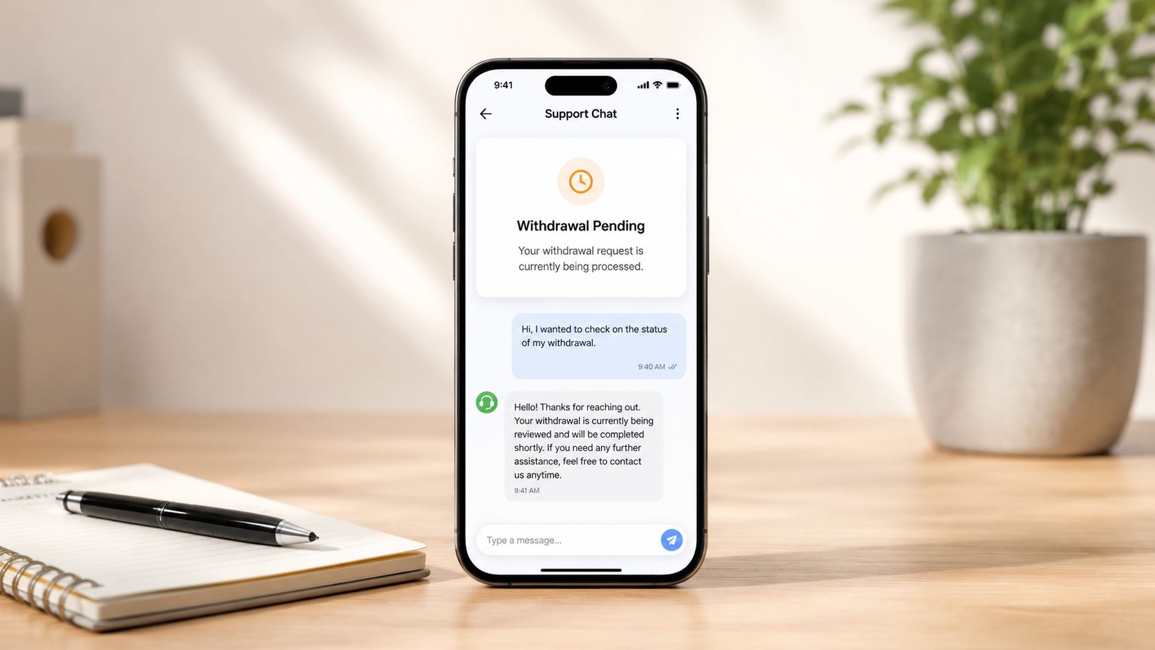 A smartphone screen showing a support chat interface confirming a pending withdrawal request for a user.