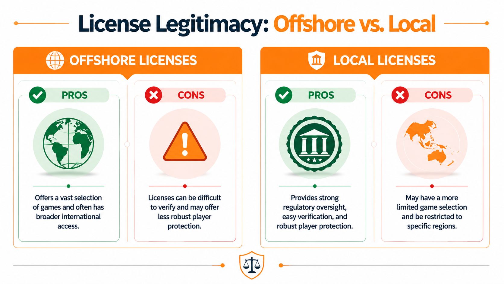A comparison chart outlining the pros and cons of offshore licenses versus local licenses for online gambling.