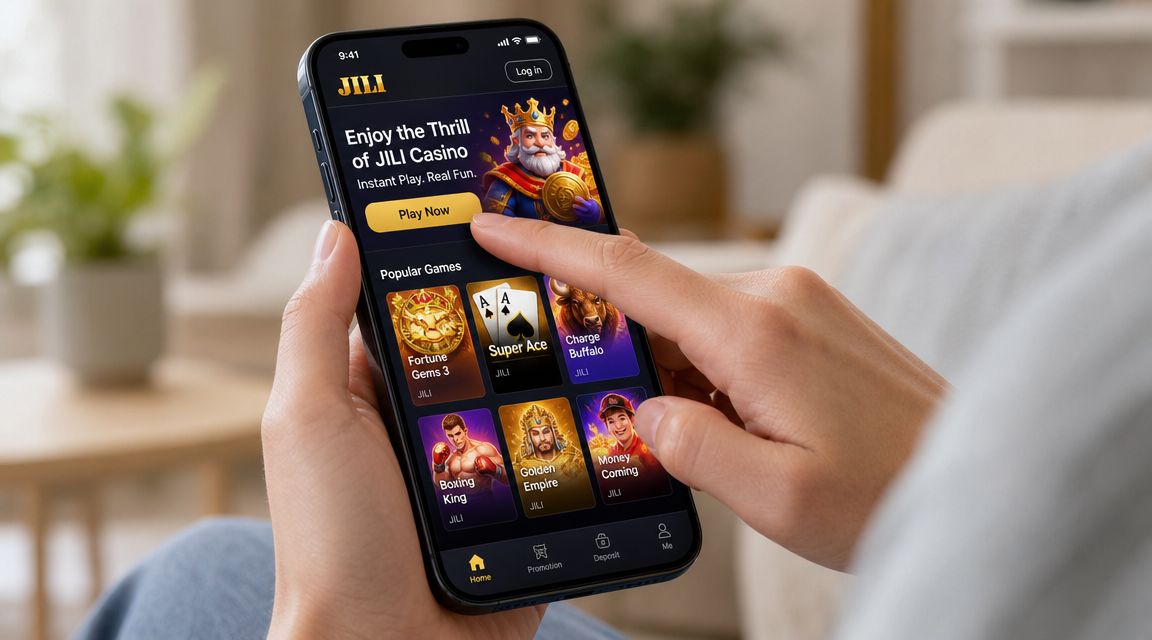 A person holding a smartphone showing the JILI online casino gaming application interface with various slot games.