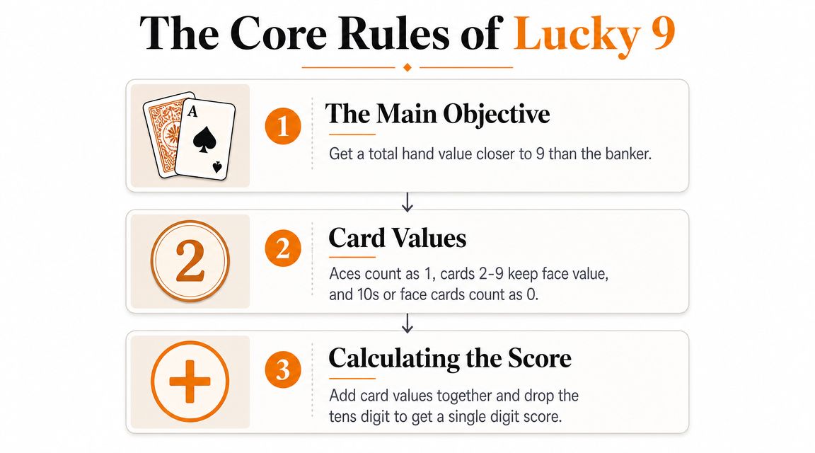 A simple infographic explaining the core rules of the Lucky 9 card game with numbered steps.