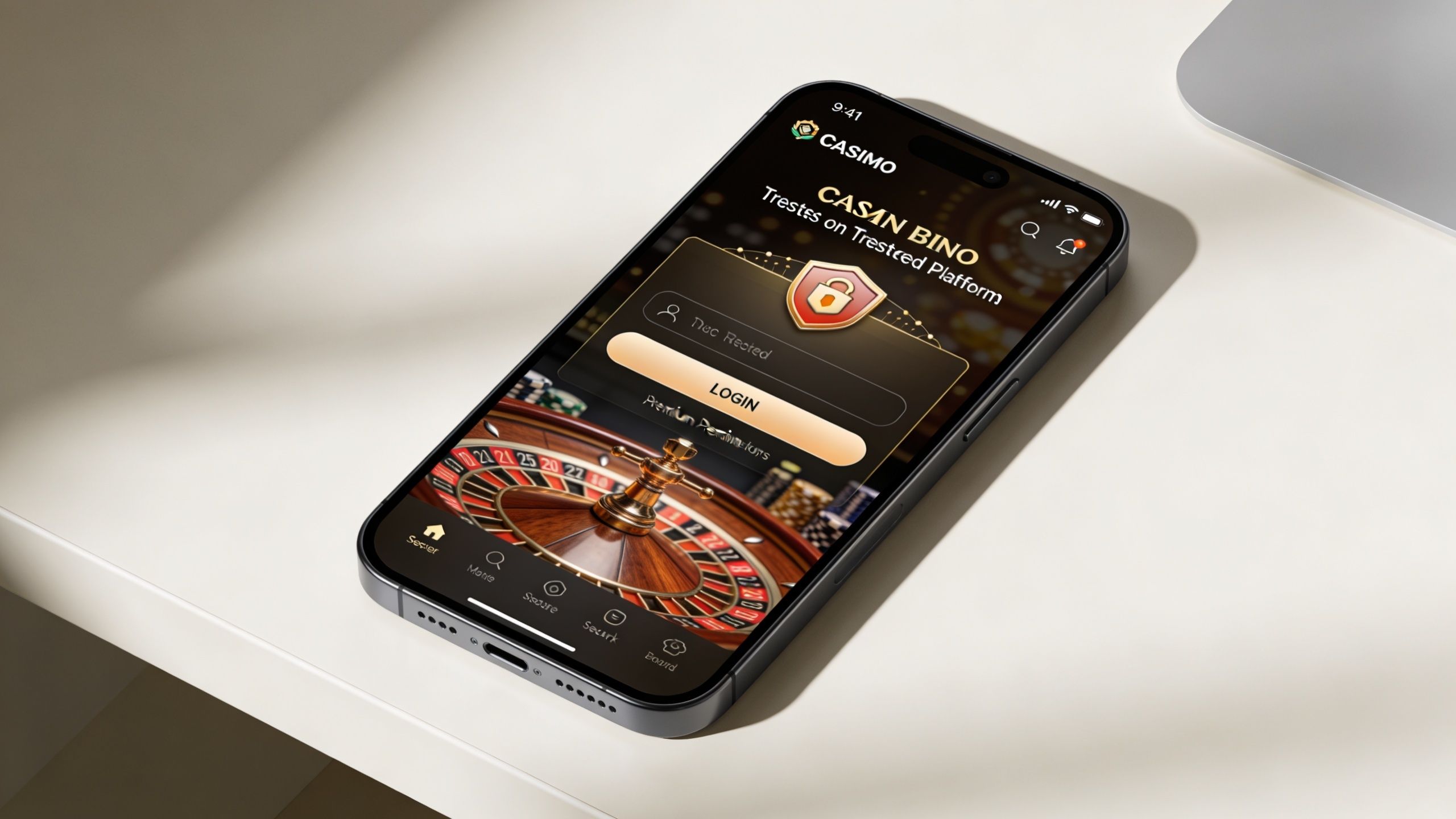 A modern smartphone displaying a casino app login screen with a roulette wheel in the background.