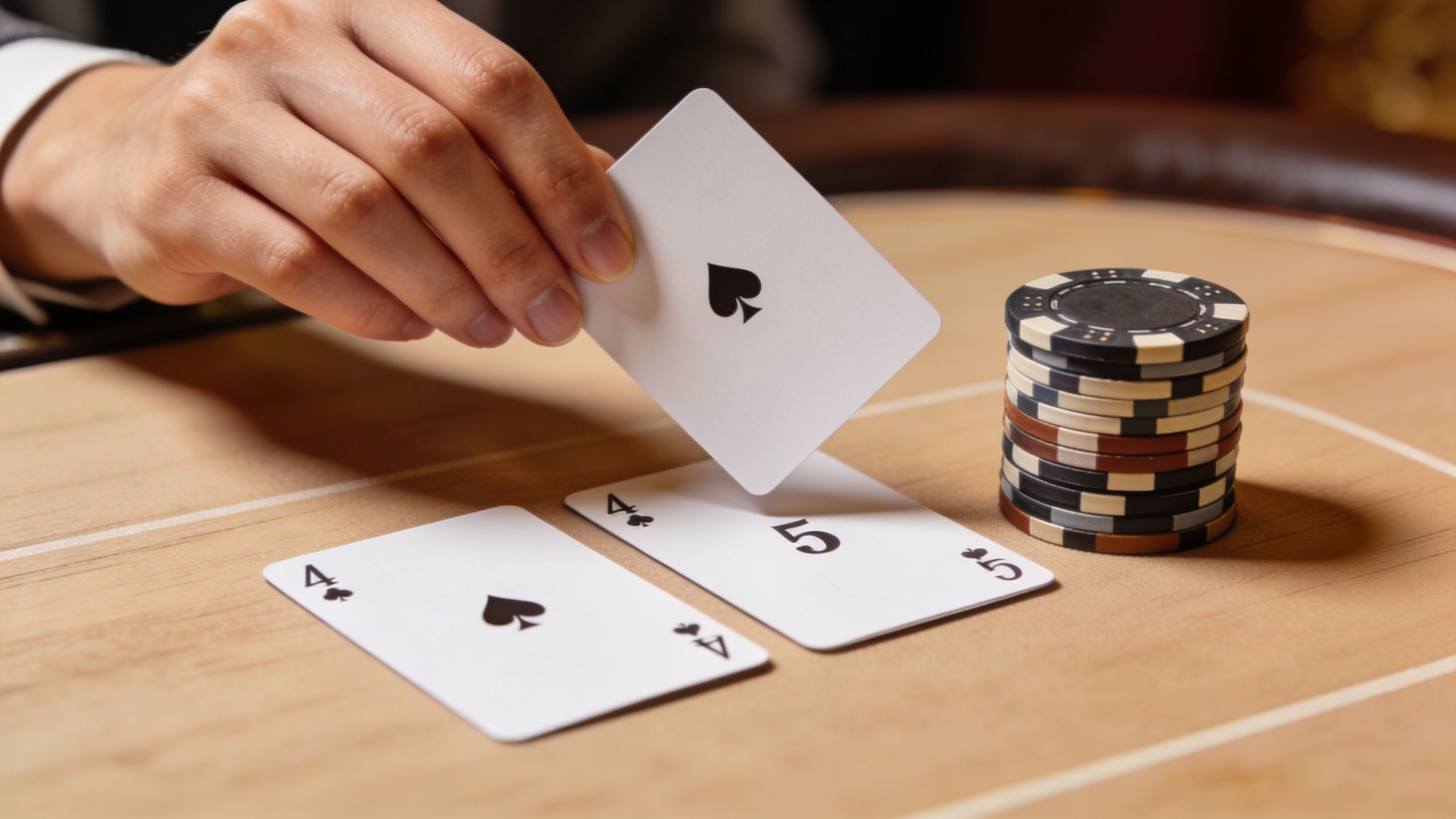A hand holding a spade playing card above two cards and a stack of gambling chips.