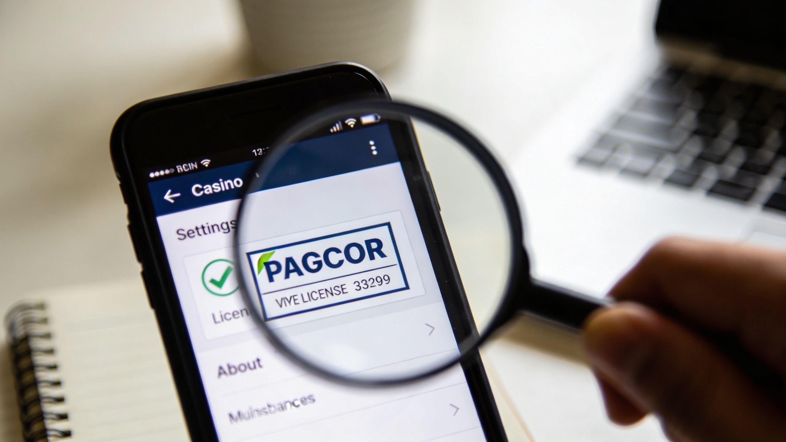 A close-up view through a magnifying glass of a smartphone displaying a PAGCOR casino license verification screen.