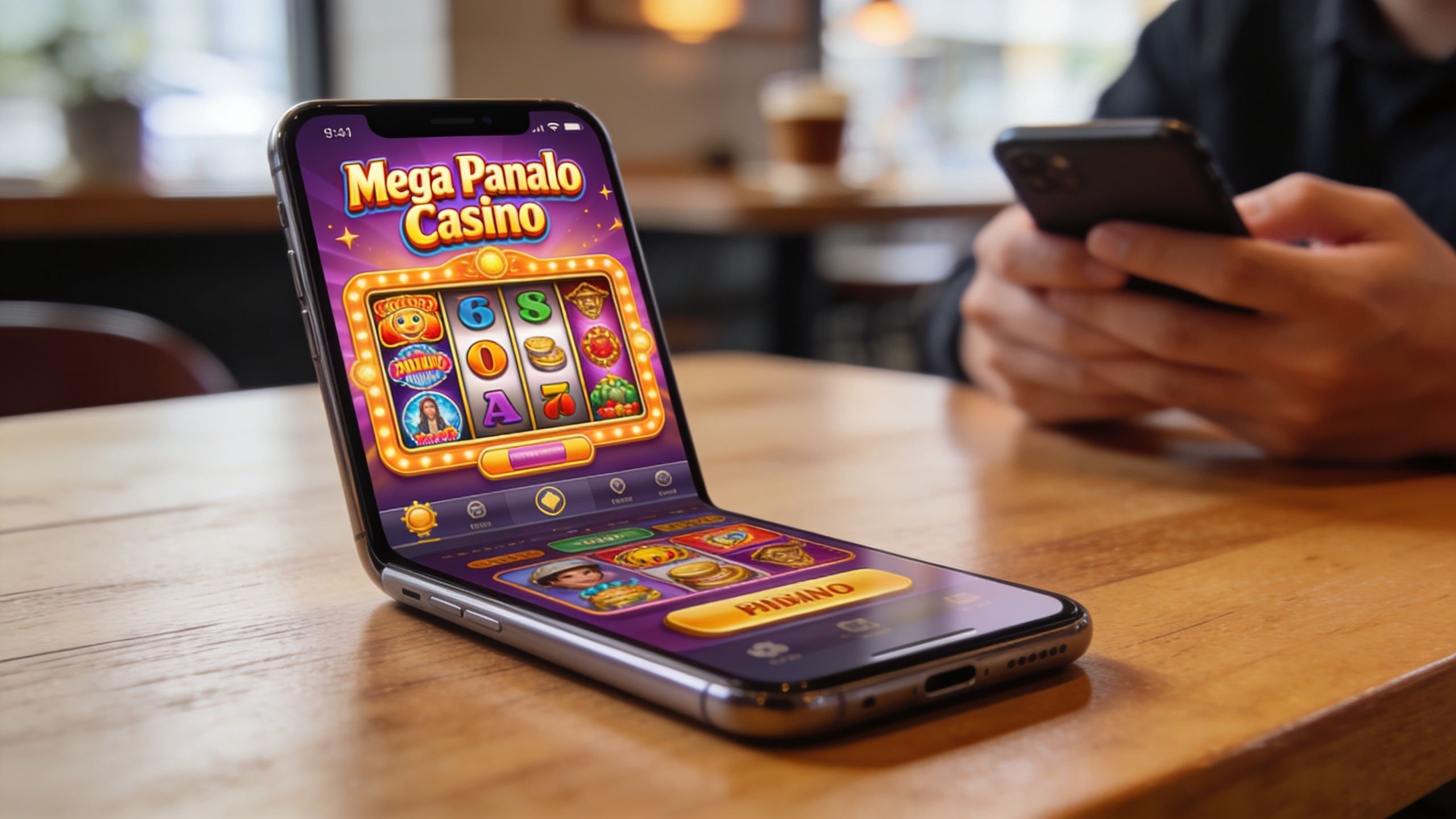 A foldable smartphone displaying the Mega Panalo Casino slot game app on a wooden table surface.