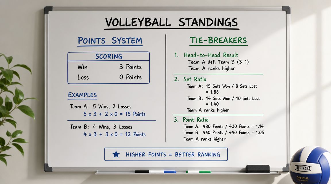 A whiteboard displaying volleyball standings rules, including a points system and tie-breaker criteria for competitive play.