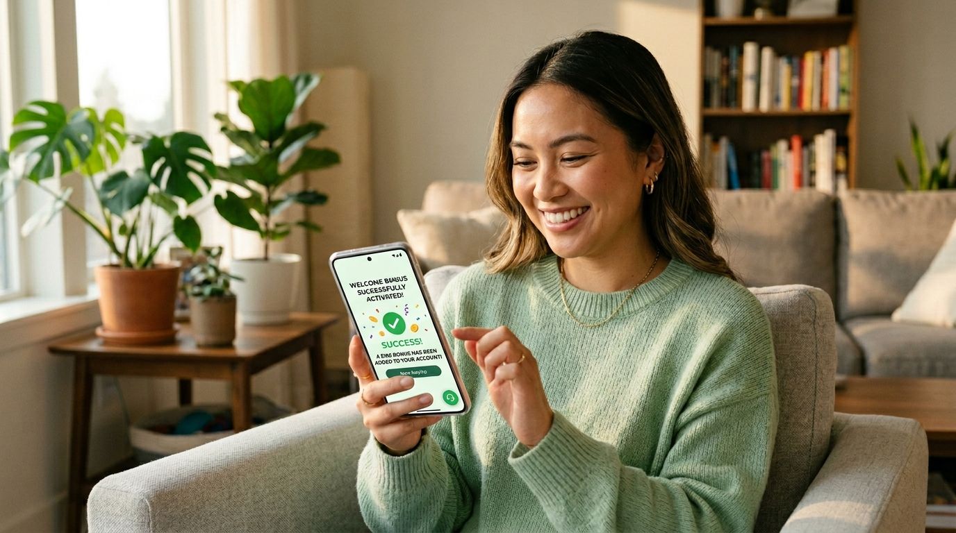 A smiling woman holding a smartphone displaying a success message for a casino application bonus activation.