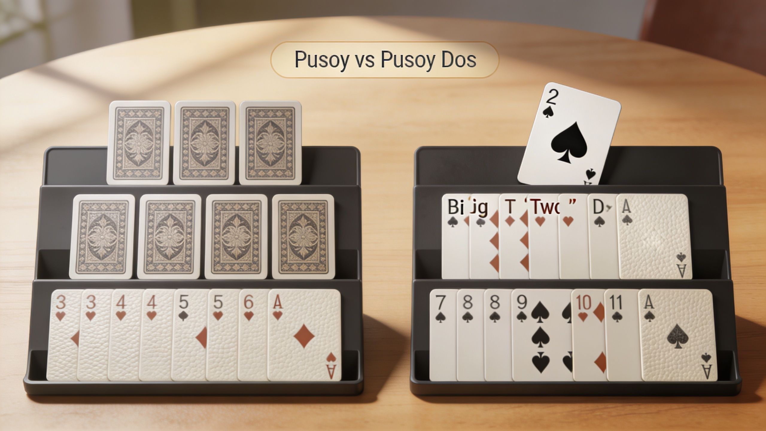 A side-by-side comparison of card game organizers showing Pusoy cards on the left and Pusoy Dos on the right.