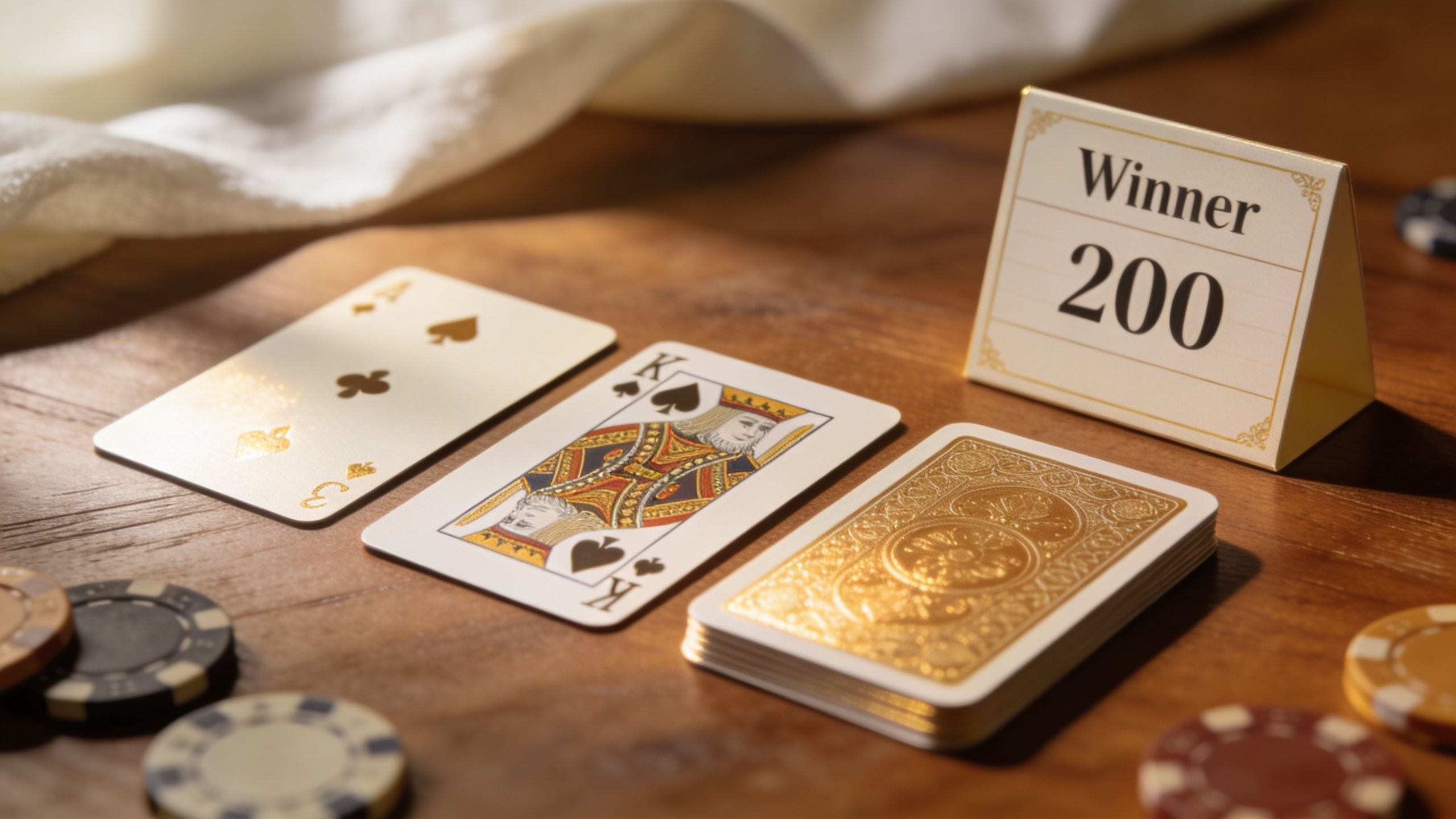A close-up of a poker table featuring playing cards, poker chips, and a winner sign with 200.