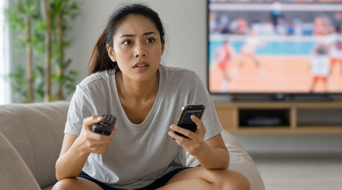 A young woman looking surprised while watching a volleyball game on television at home.