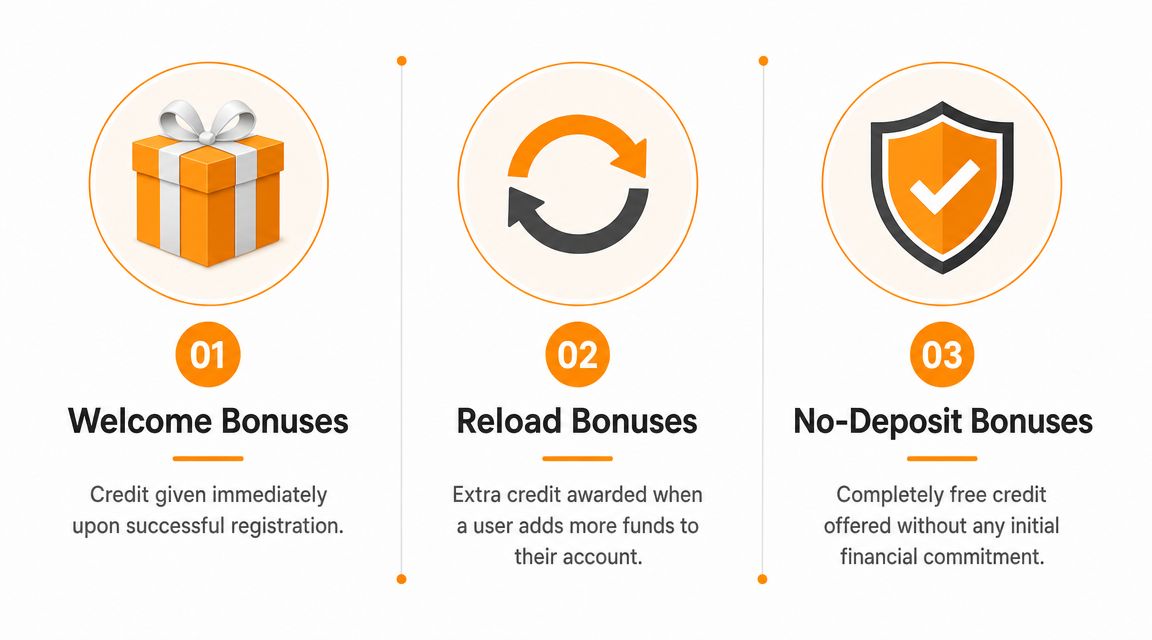 A graphic illustration detailing three types of casino bonuses including welcome, reload, and no-deposit bonus offers.
