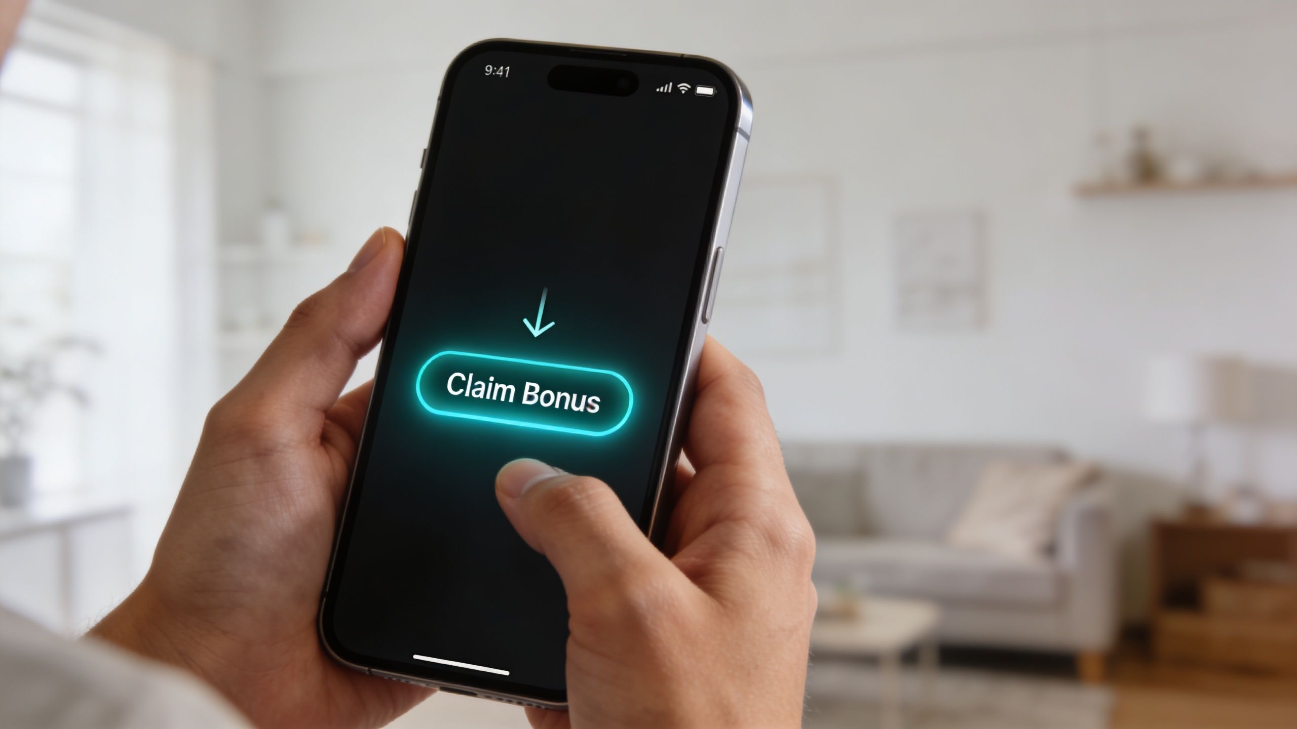 A person holding a smartphone and tapping a glowing Claim Bonus button on the screen.