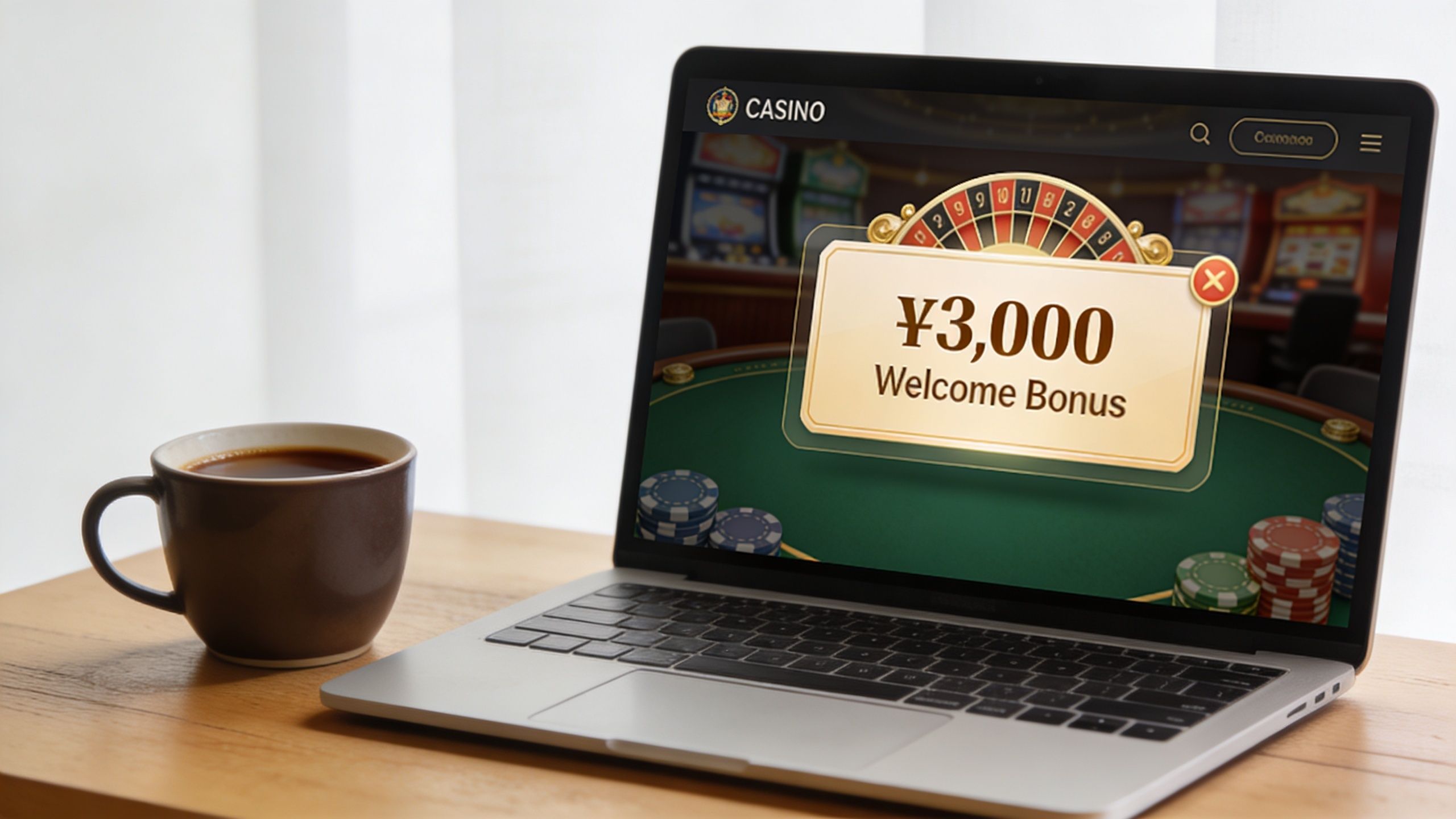A modern laptop on a wooden desk showing a three thousand yen online casino welcome bonus offer.