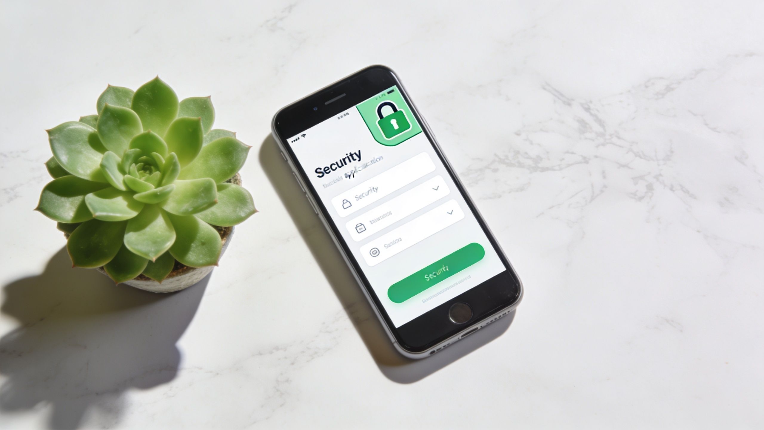 A smartphone displaying a security mobile application interface next to a small green potted succulent plant.