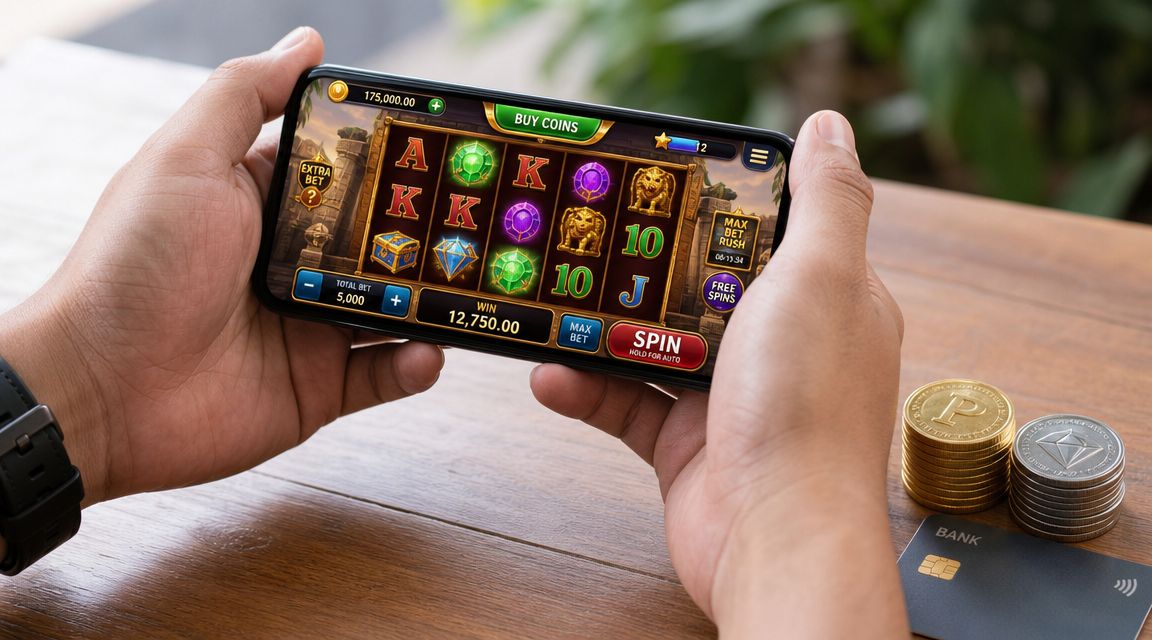 A person holding a smartphone playing a digital slot machine game with piles of coins and a bank card nearby.