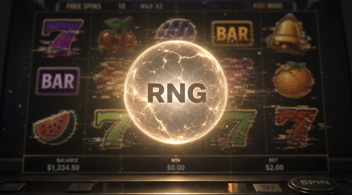 A glowing golden orb with the text RNG floats in front of a digital slot machine game interface.