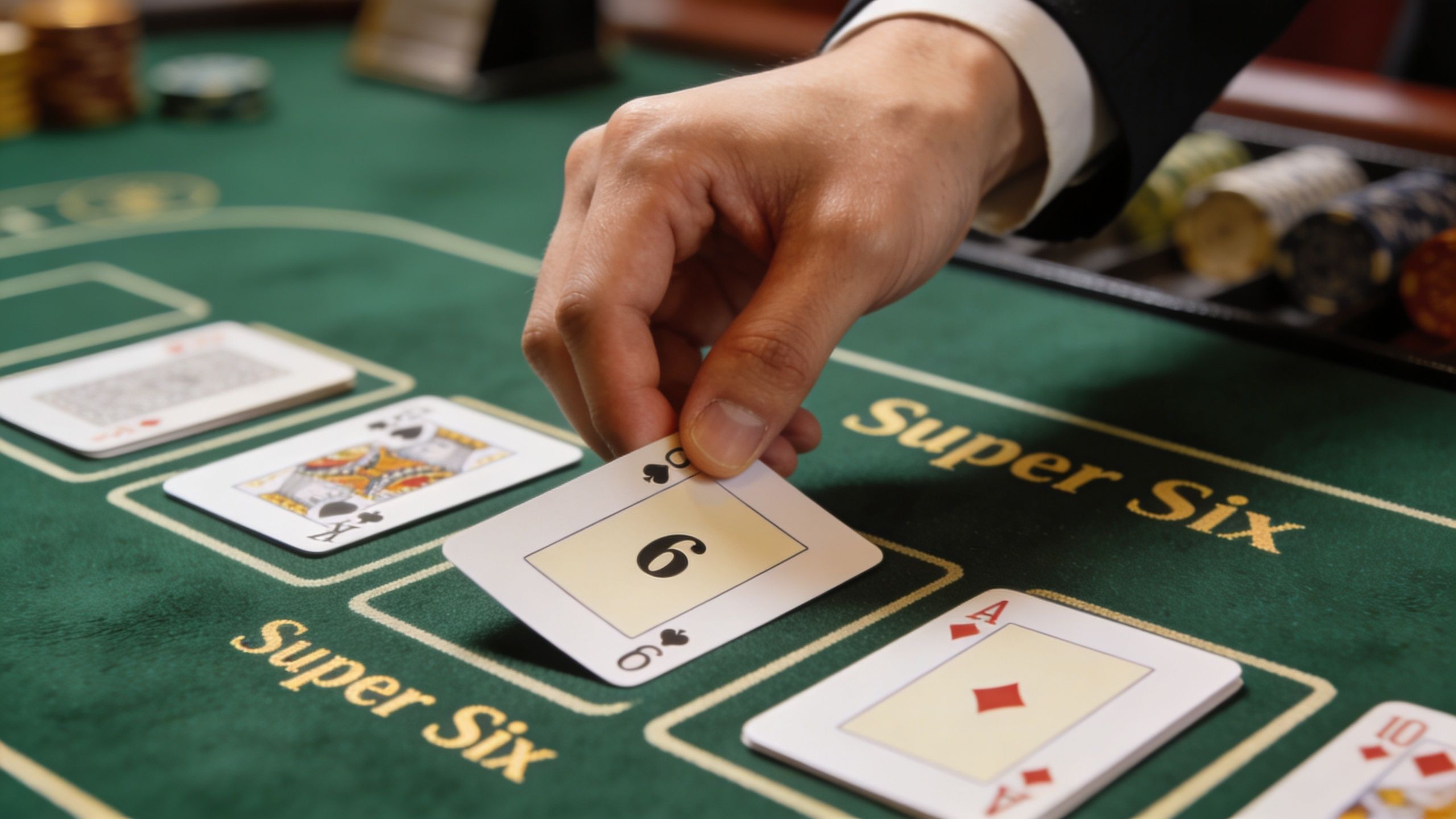 A close up view of a dealer placing a six of spades card during a Super Six baccarat game.