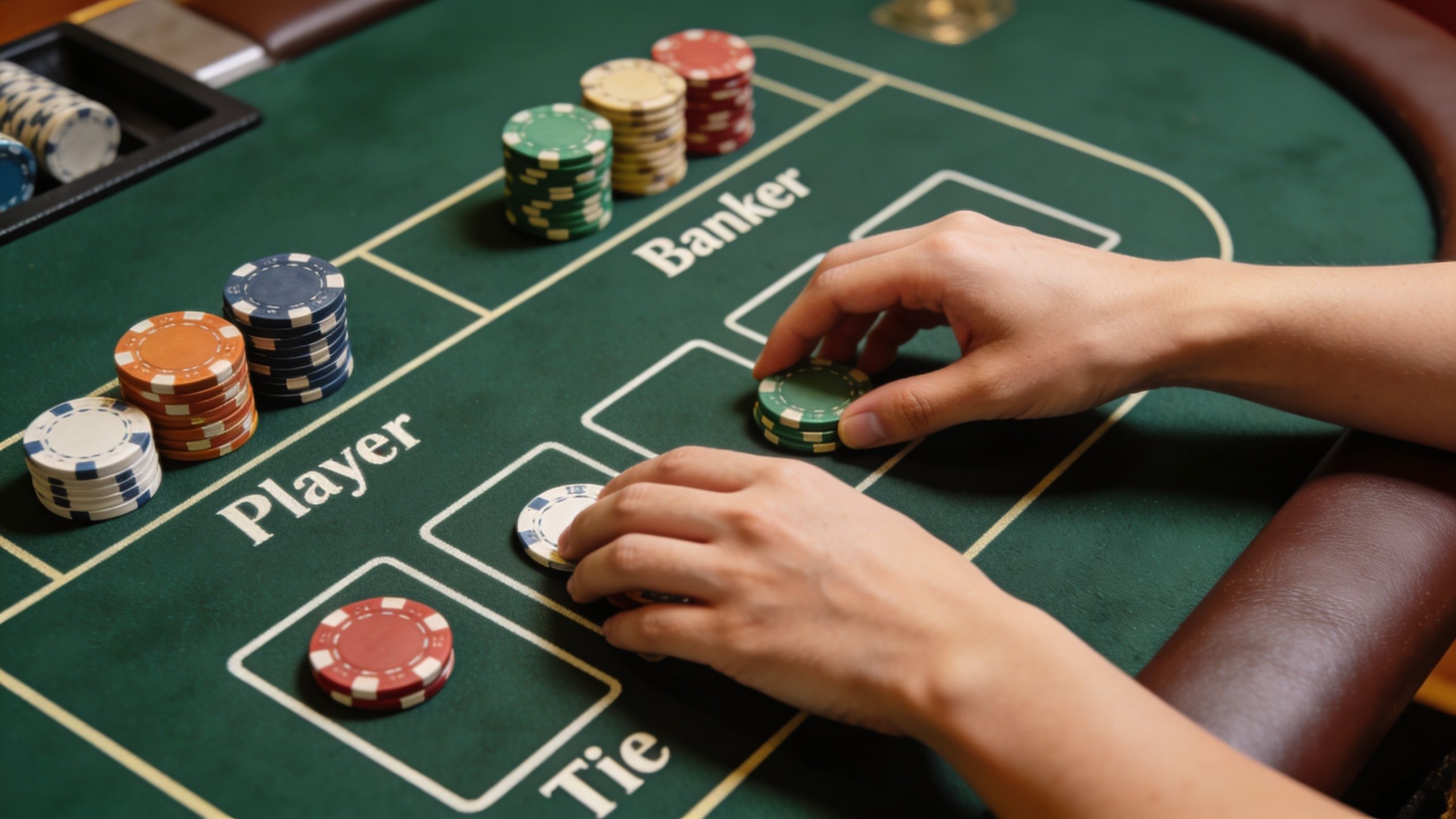 A dealer's hands placing casino betting chips on a green baccarat table layout.