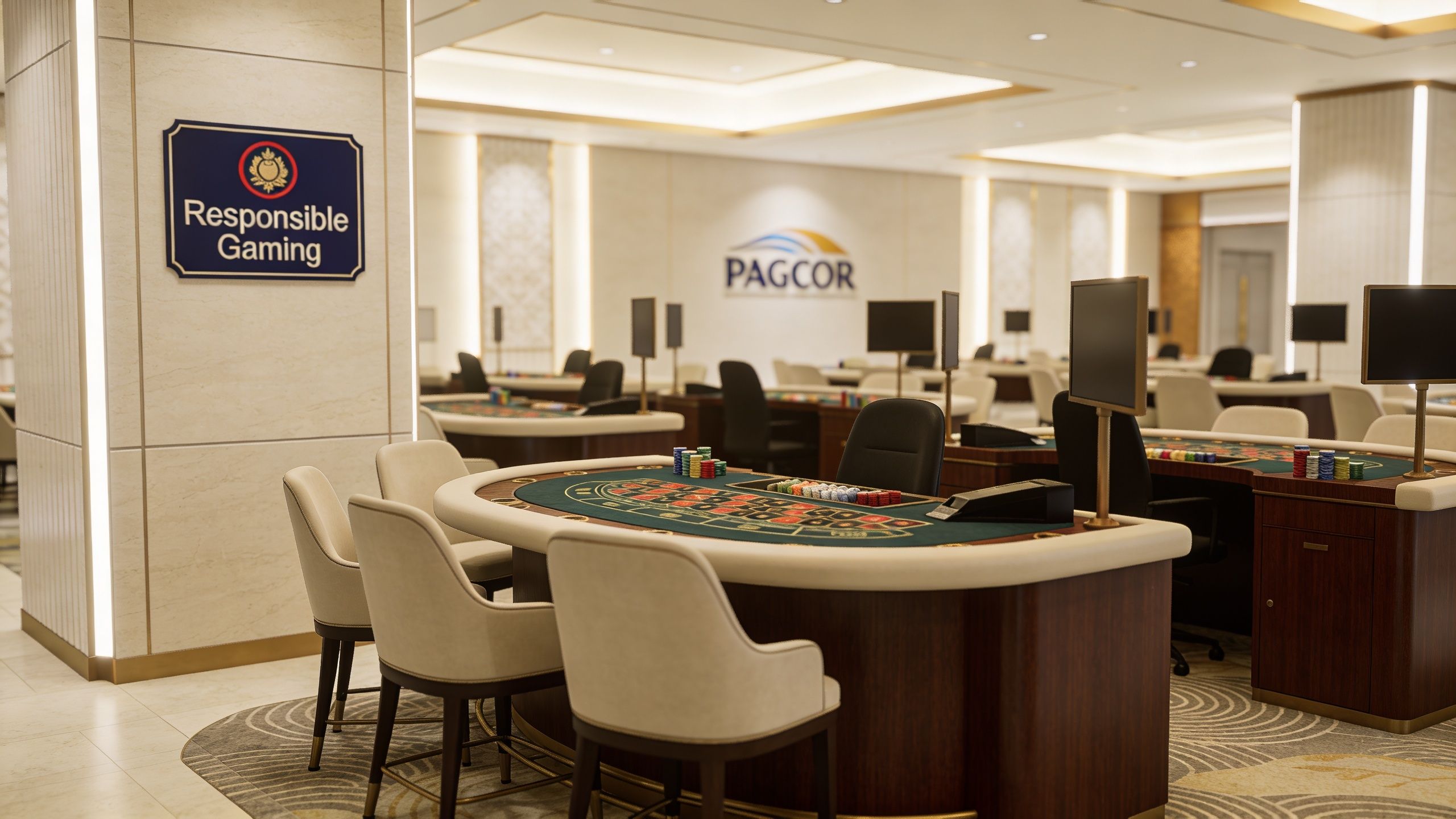 A luxurious and modern casino floor featuring several professional baccarat tables with gaming chips and chairs.