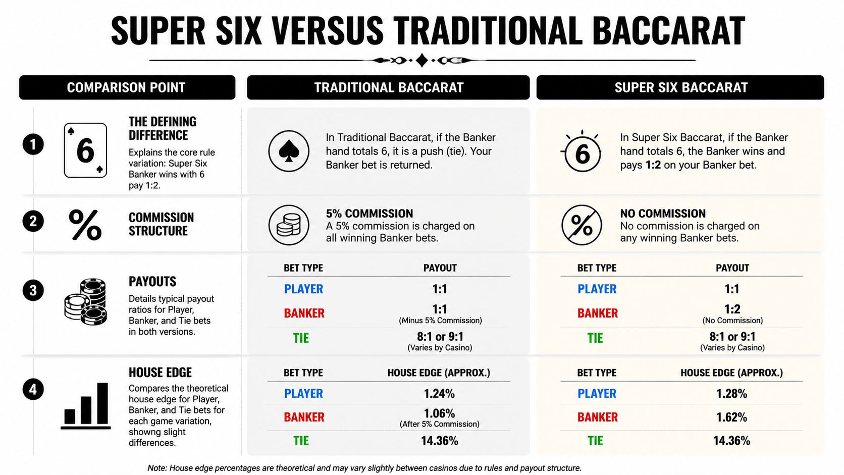 A comparison chart outlining the key differences between Traditional Baccarat and Super Six Baccarat game variations.