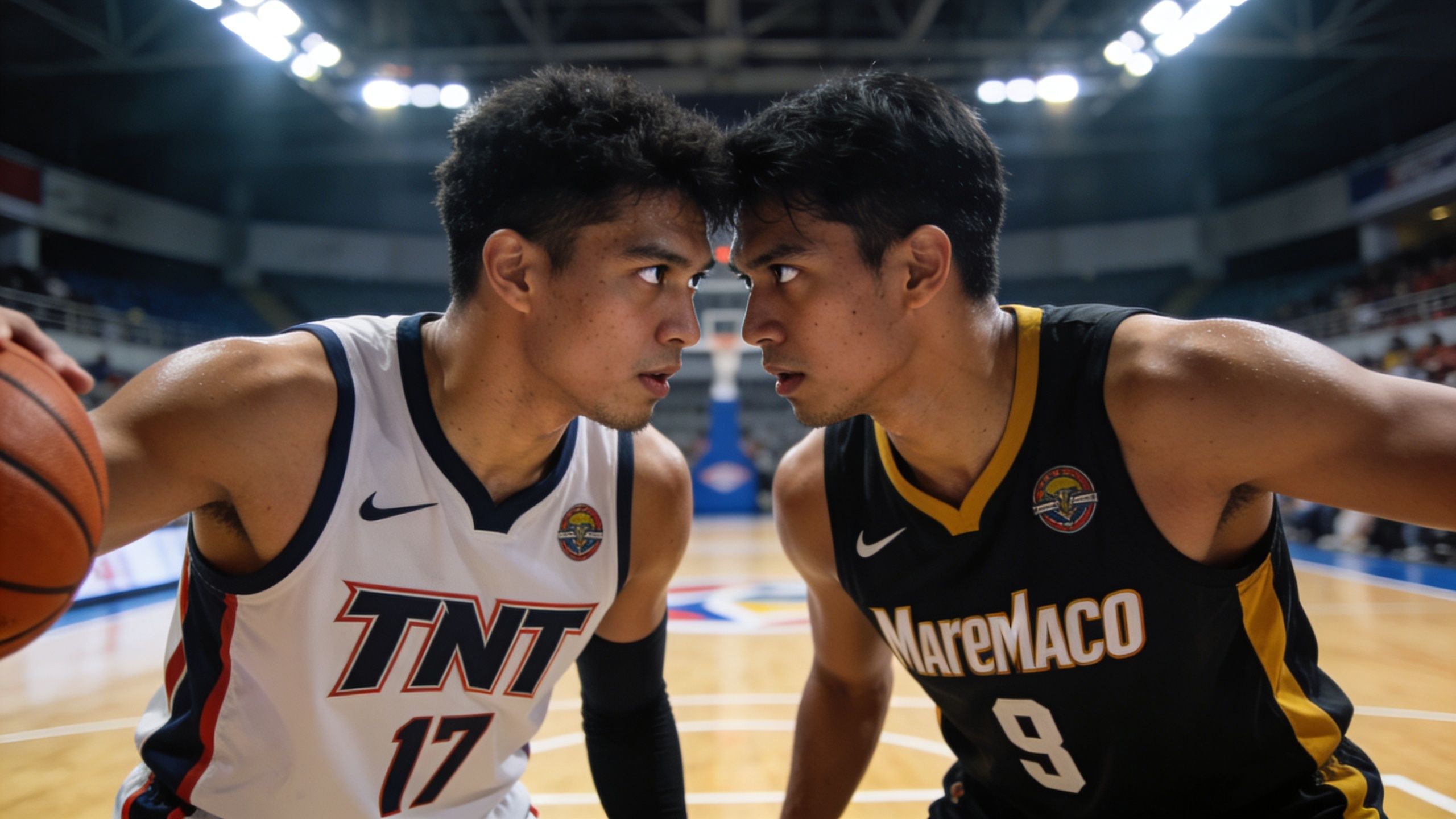 Two basketball players from opposing teams face each other intensely during a competitive professional game.