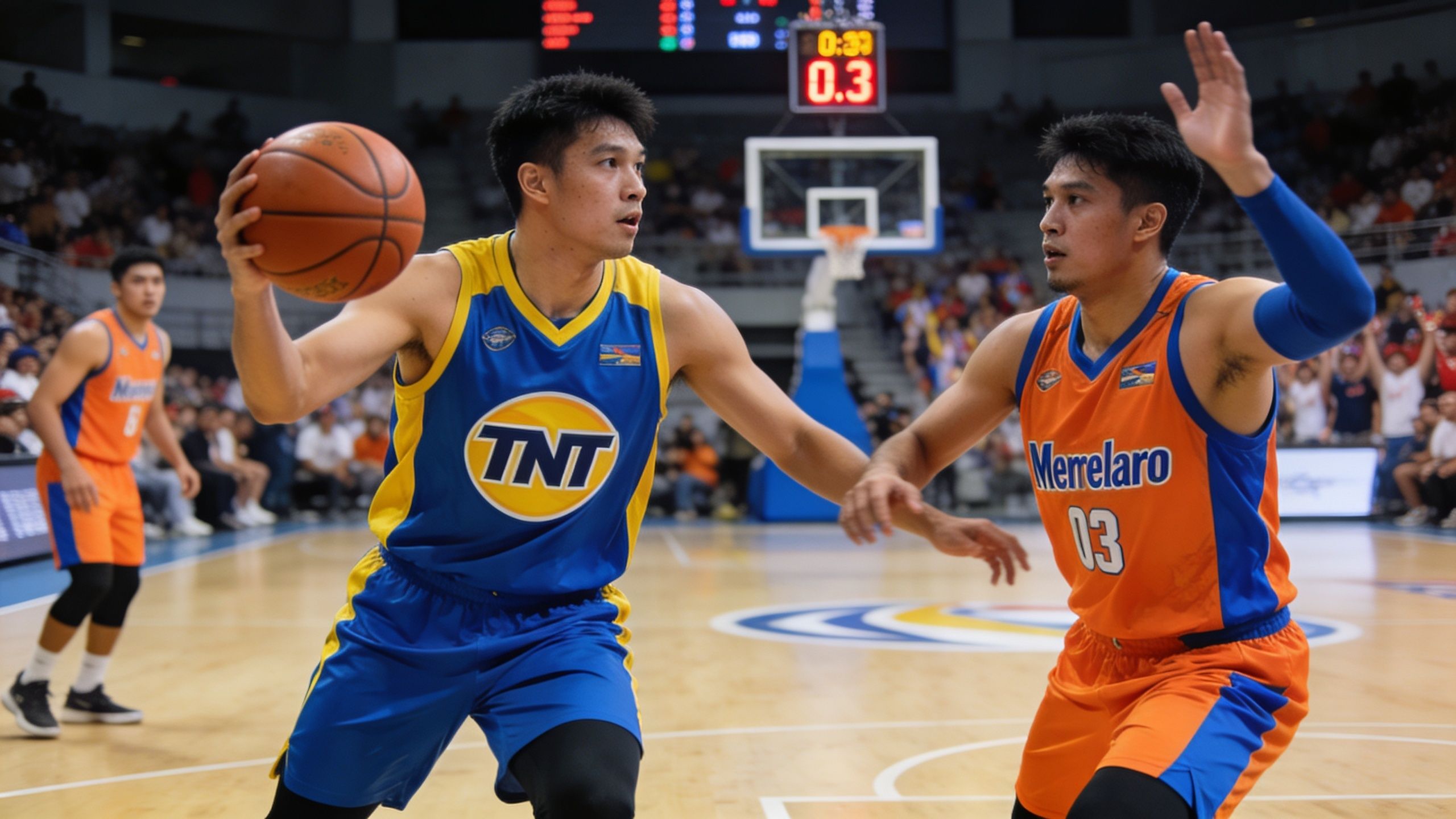 A professional basketball game between TNT and Meralco players on the court during a match.
