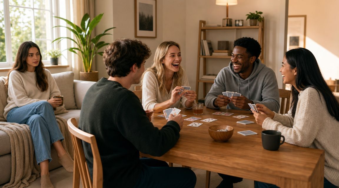 A diverse group of friends laughing while playing a card game together in a cozy living room.