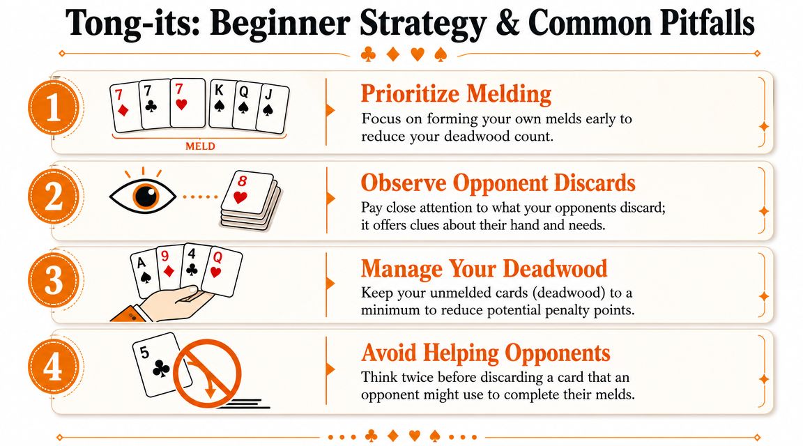 An infographic detailing beginner strategies and common pitfalls for playing the card game Tong-its.