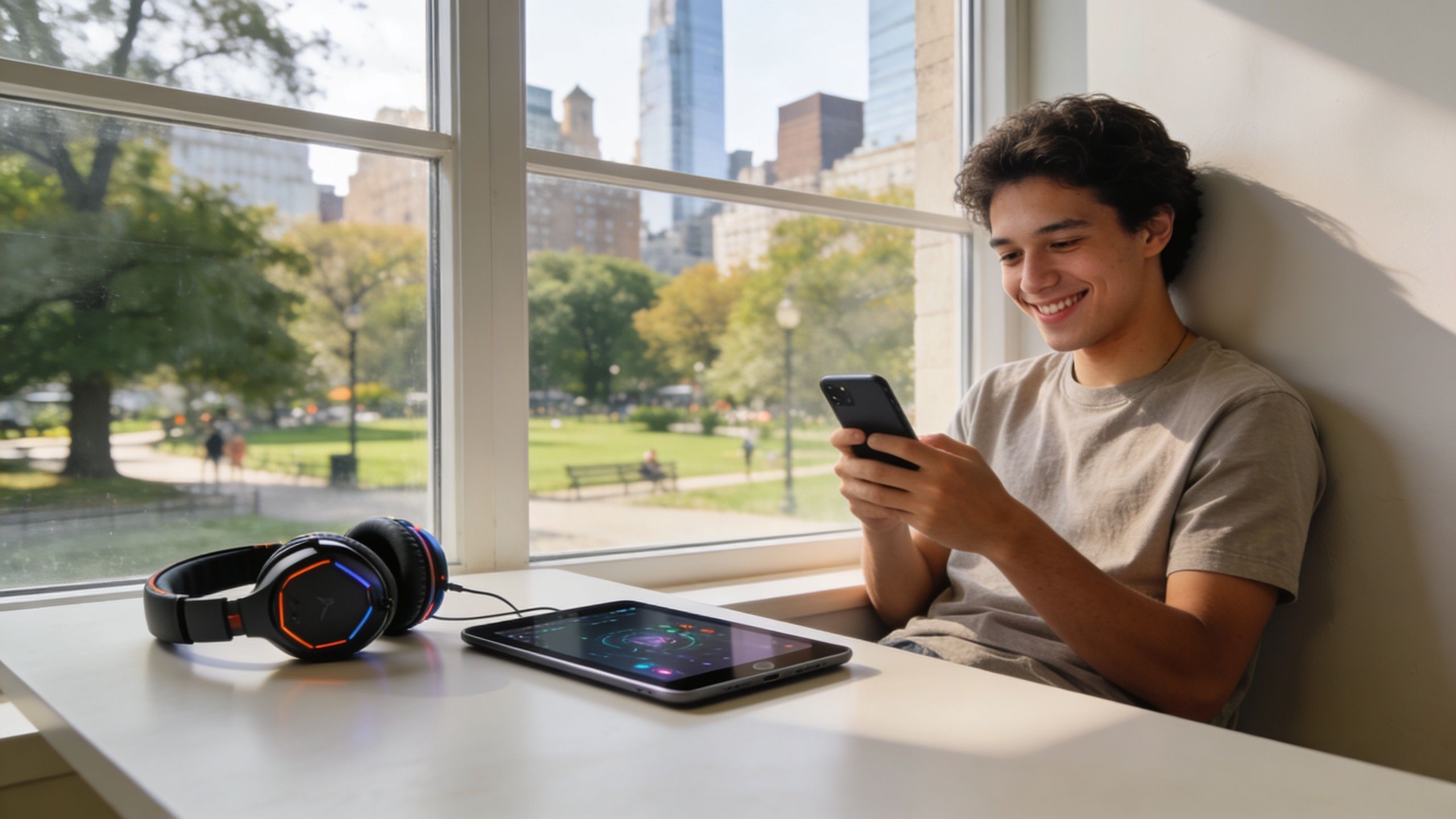 A happy young man smiling while holding his smartphone next to a tablet and gaming headphones by a window.